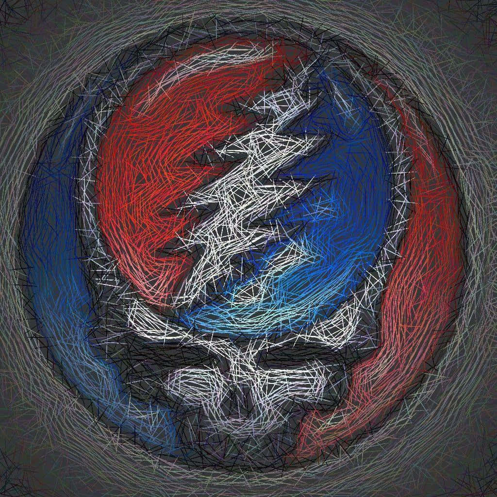 Grateful Dead iPhone 桌布 壁紙 — 一幅動態抽象藝術作品，紅色、藍色和白色線條旋轉形成圓形漩渦，背景為深灰色。