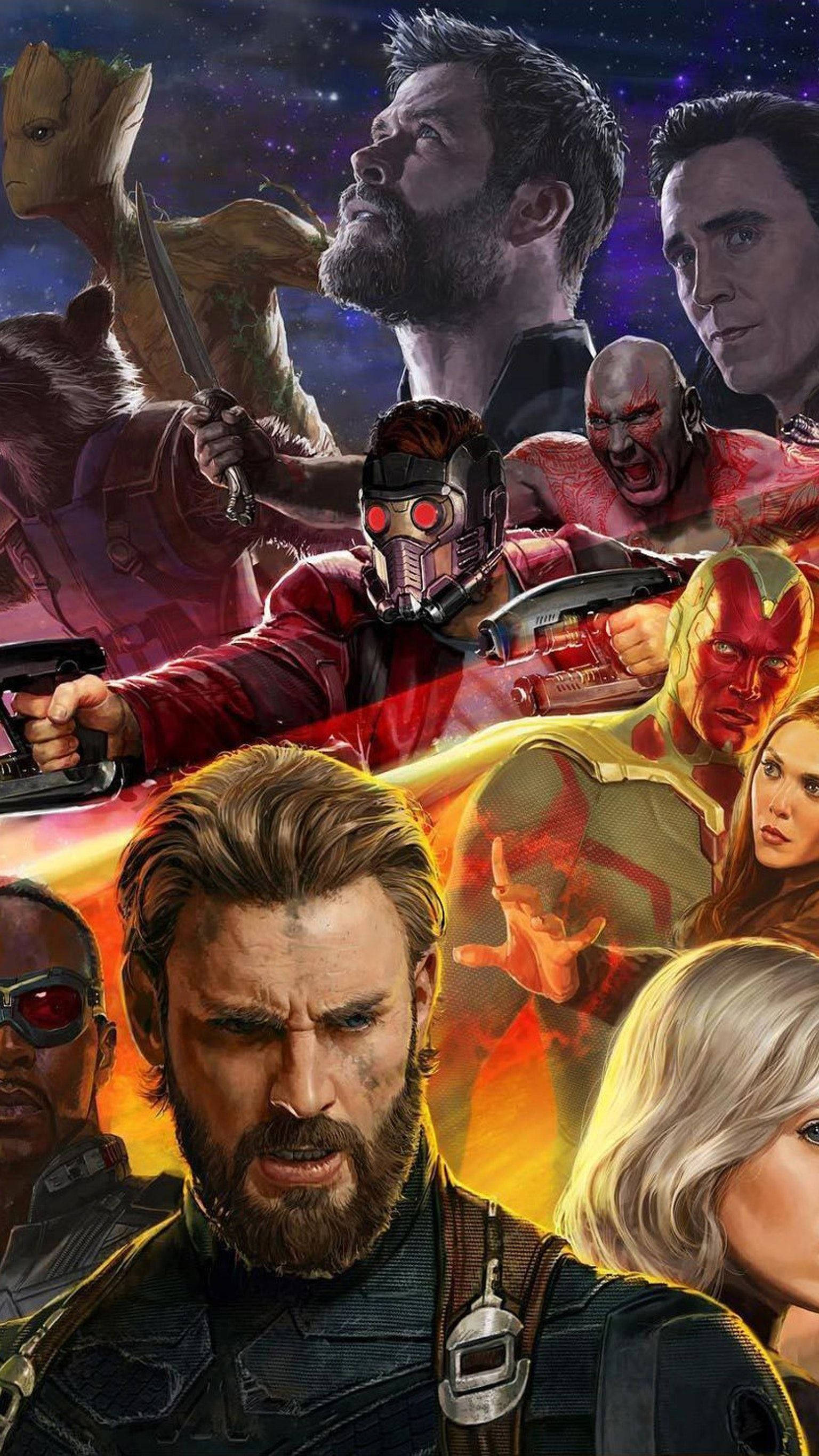 漫威手機 桌布 壁紙 — 一幅動態拼貼畫，Marvel 超級英雄與反派在宇宙背景下擺出姿勢，帶有鮮豔燈光和強烈表情。