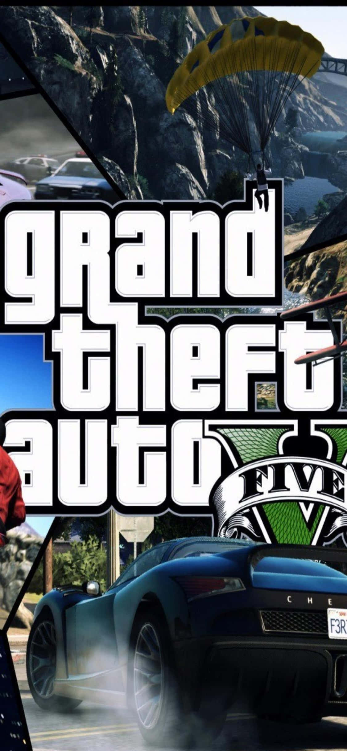 Grand Theft Auto V 桌布 壁紙 — 一幅動態拼貼畫，展示《Grand Theft Auto V》場景，包括一輛藍色跑車飄移冒煙、降落傘在懸崖上空下降，以及遊戲的標誌性標誌。