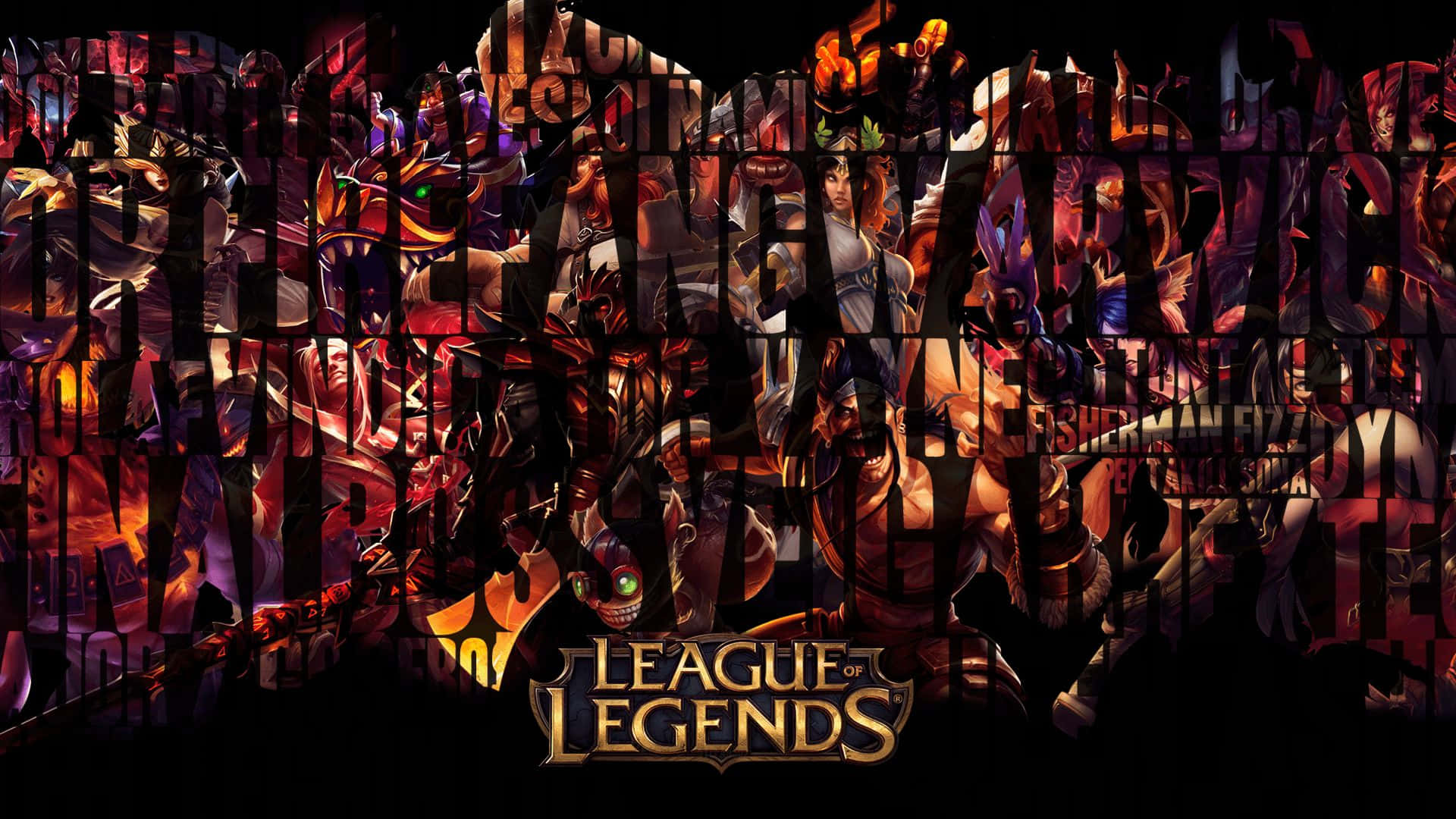 1920x1080 League Of Legends 桌布 壁紙 — 一幅動態拼貼畫，展示《英雄聯盟》英雄以暗黑火焰色調、發光眼睛和戲劇性姿勢呈現。