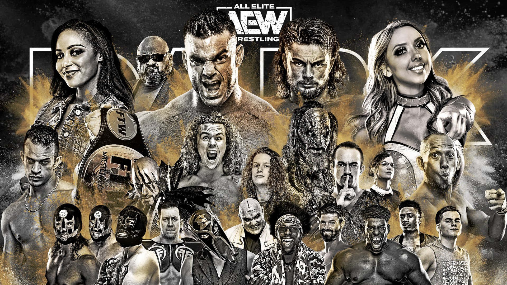 Aew 桌布 壁紙 — 一幅動態拼貼畫，展示All Elite Wrestling超級巨星，表情強烈，腰間繫著冠軍腰帶，背景是火熱的金色和黑色。