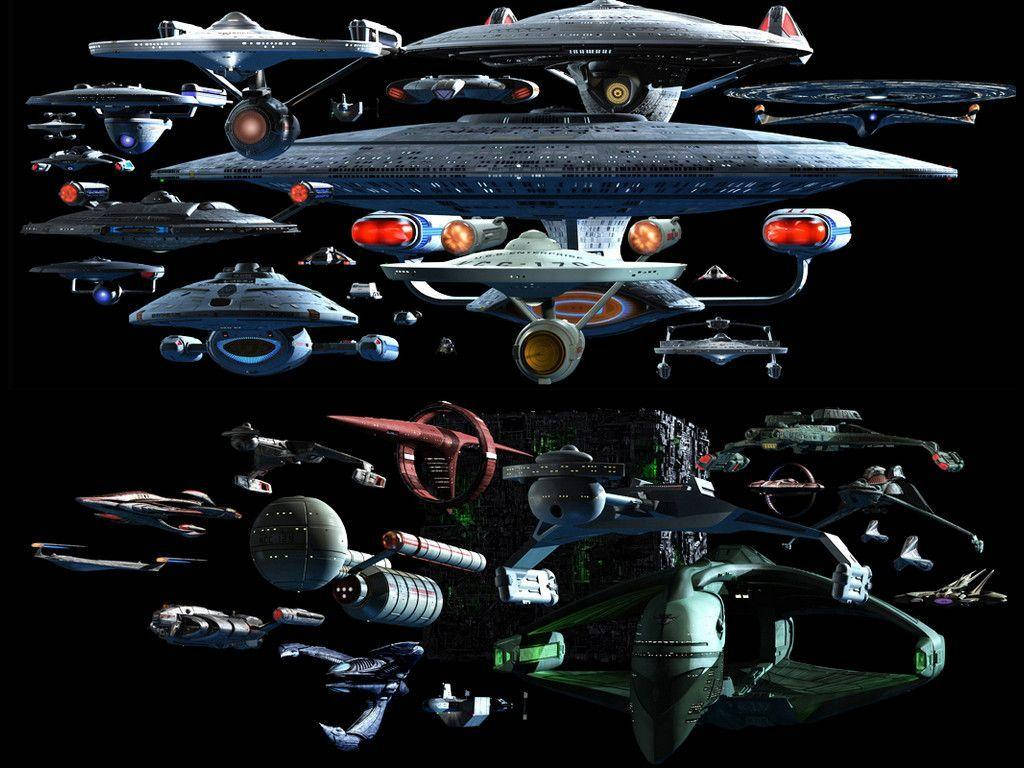Starship 桌布 壁紙 — 一幅動態拼貼畫，展示多種科幻星艦漂浮在黑色虛空中，呈現複雜的設計和發光的引擎。