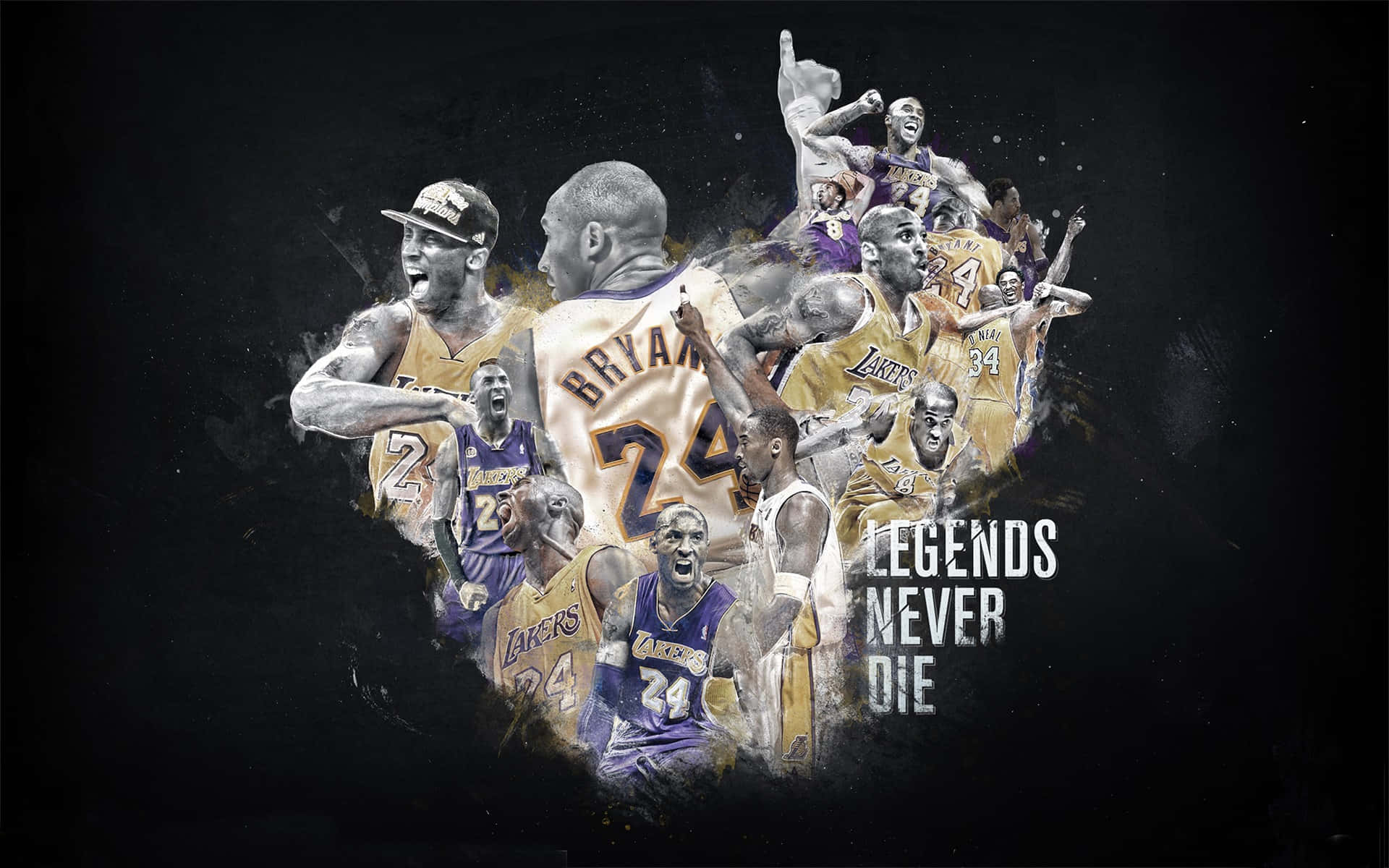 NBA 桌布 壁紙 — 一幅動態拼貼畫，展示身穿湖人球衣的籃球傳奇人物從黑暗背景中迸發，並帶有「LEGENDS NEVER DIE」字樣。