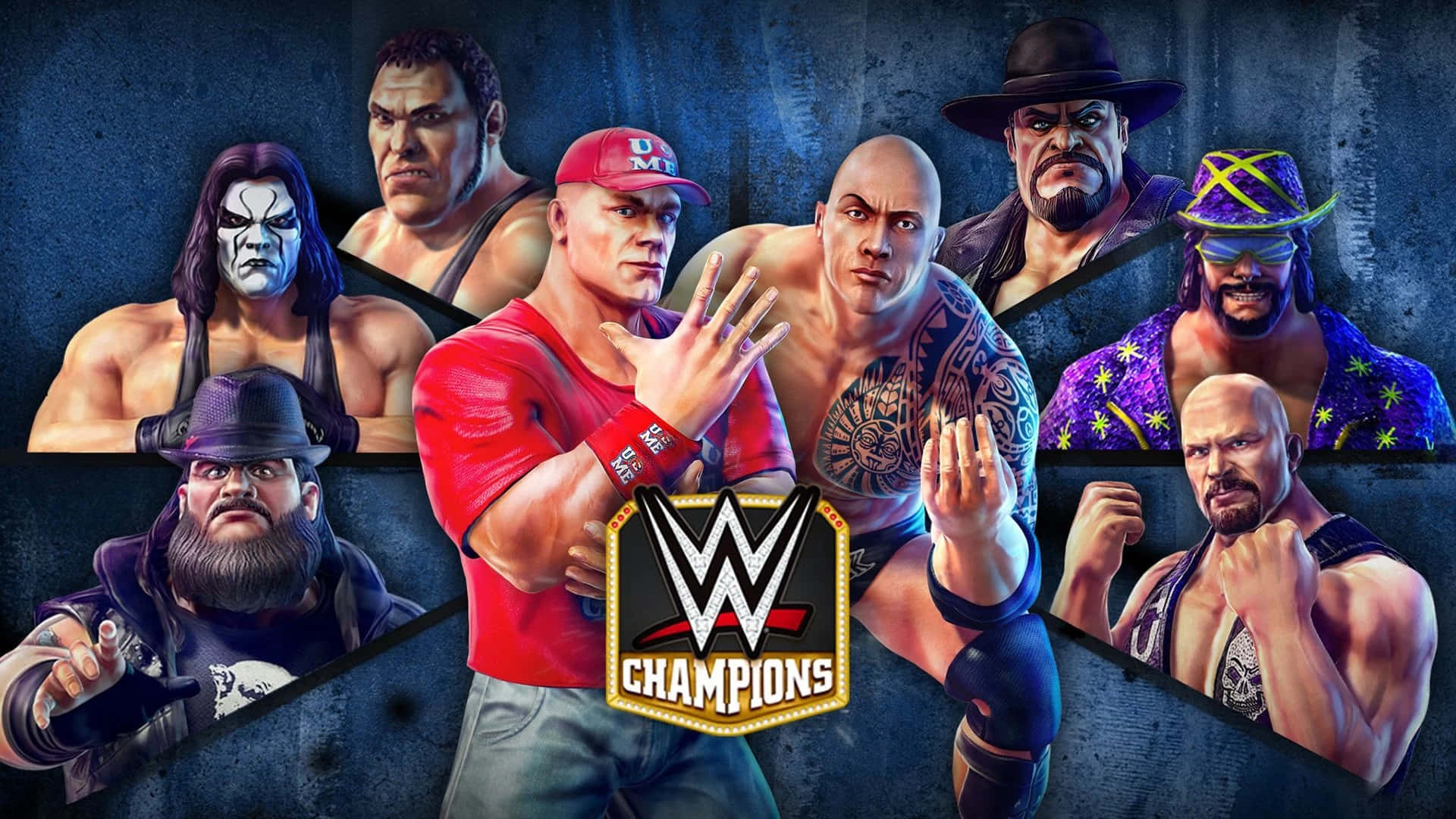 WWE 桌布 壁紙 — 一幅動態拼貼畫，描繪了標誌性的WWE摔角手在深色紋理背景上，圍繞WWE Champions標誌擺出侵略性姿勢。