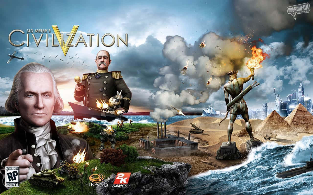 Best Civilization V 桌布 壁紙 — 一幅動態拼貼畫，描繪從古代到現代，在戰爭與進步中的歷史人物和文明。
