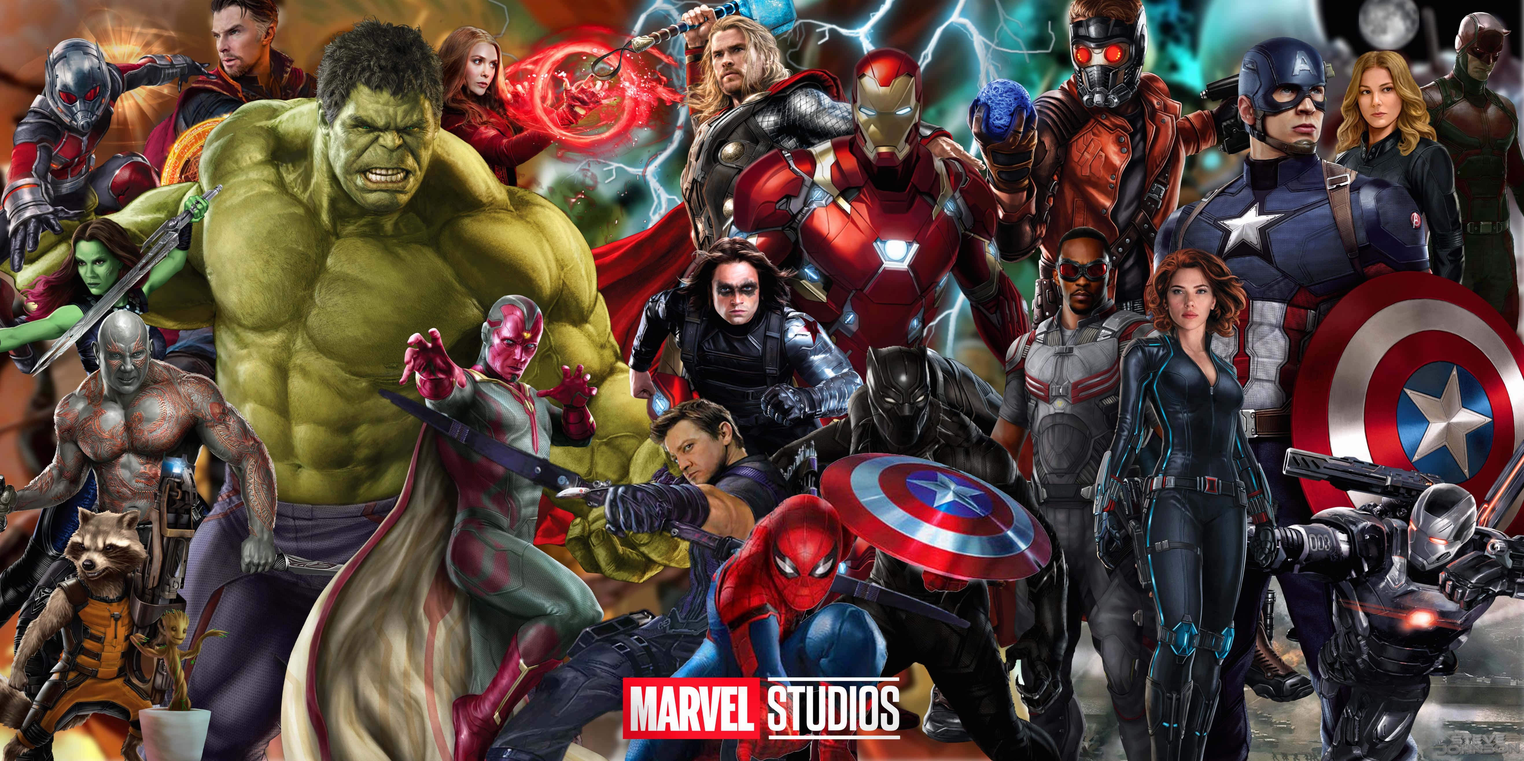 Mcu 桌布 壁紙 — 一幅動態拼貼畫，描繪漫威超級英雄與反派在宇宙背景前英勇擺姿勢，並帶有發光能量效果。
