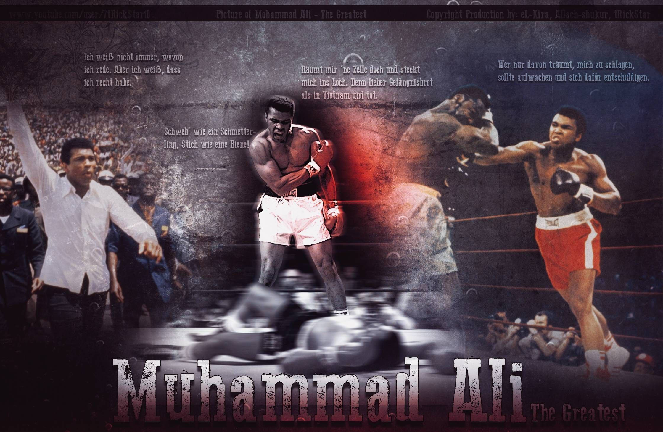 Muhammad 桌布 壁紙 — 一幅動態拼貼畫，描繪穆罕默德·阿里的拳擊動作，附有德語引文和人群場景，背景粗糙有紋理。