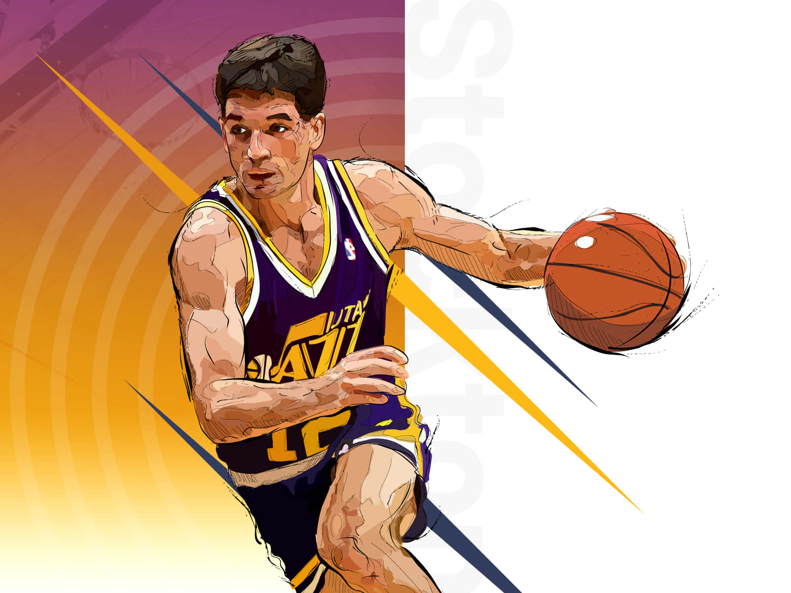 NBA 桌布 壁紙 — 一幅動態插圖，描繪一名身穿紫金色猶他爵士隊球衣的籃球運動員，在光芒四射的漸變背景前專注地運球。