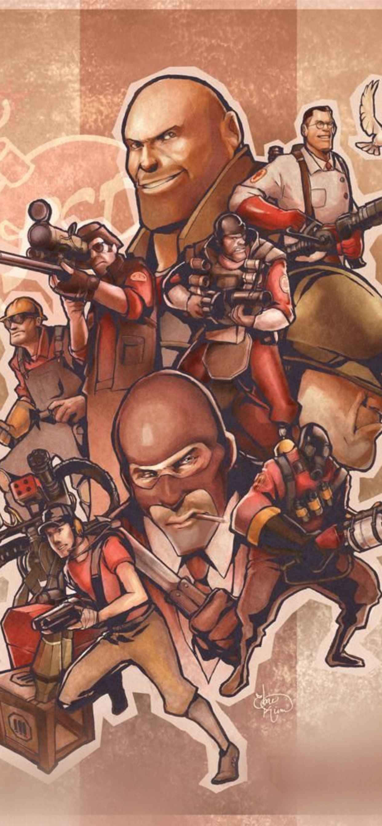Team 桌布 壁紙 — 一幅動態插圖，描繪七名身穿紅色和棕色裝備的武裝士兵，在帶有紋理的懷舊棕色背景前擺出挑釁姿勢。