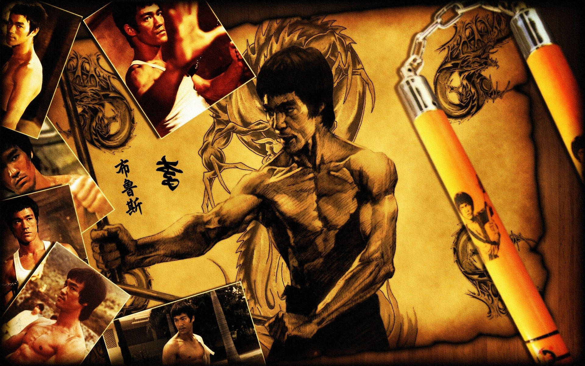 李小龍 桌布 壁紙 — 一幅動態插圖，描繪李小龍擺出戰鬥姿勢，周圍環繞著他的照片和雙節棍，背景為陳舊羊皮紙。