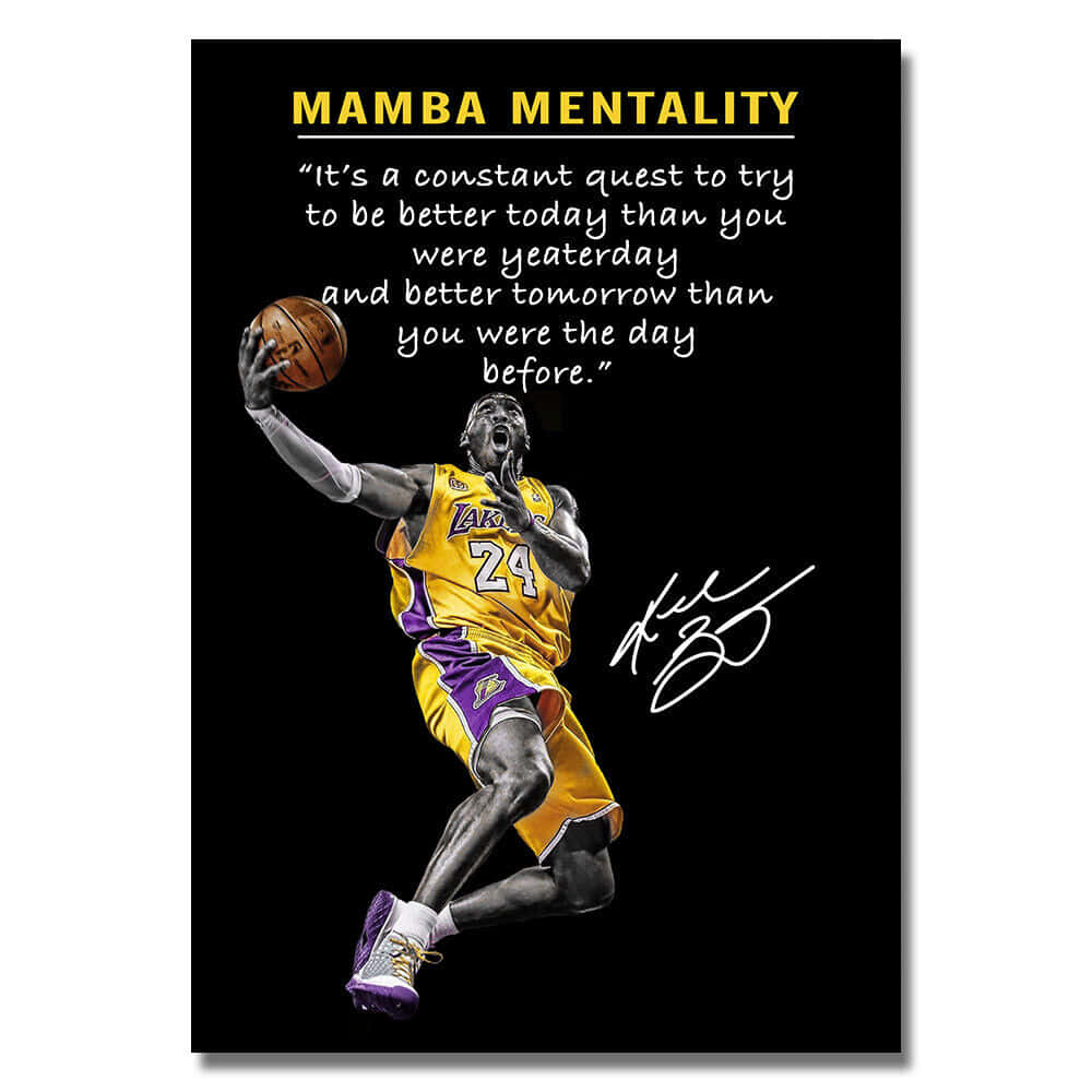 Mamba Mentality 桌布 壁紙 — 一幅動態插圖，描繪柯比·布萊恩穿著湖人球衣扣籃，上方有『曼巴精神』語錄。