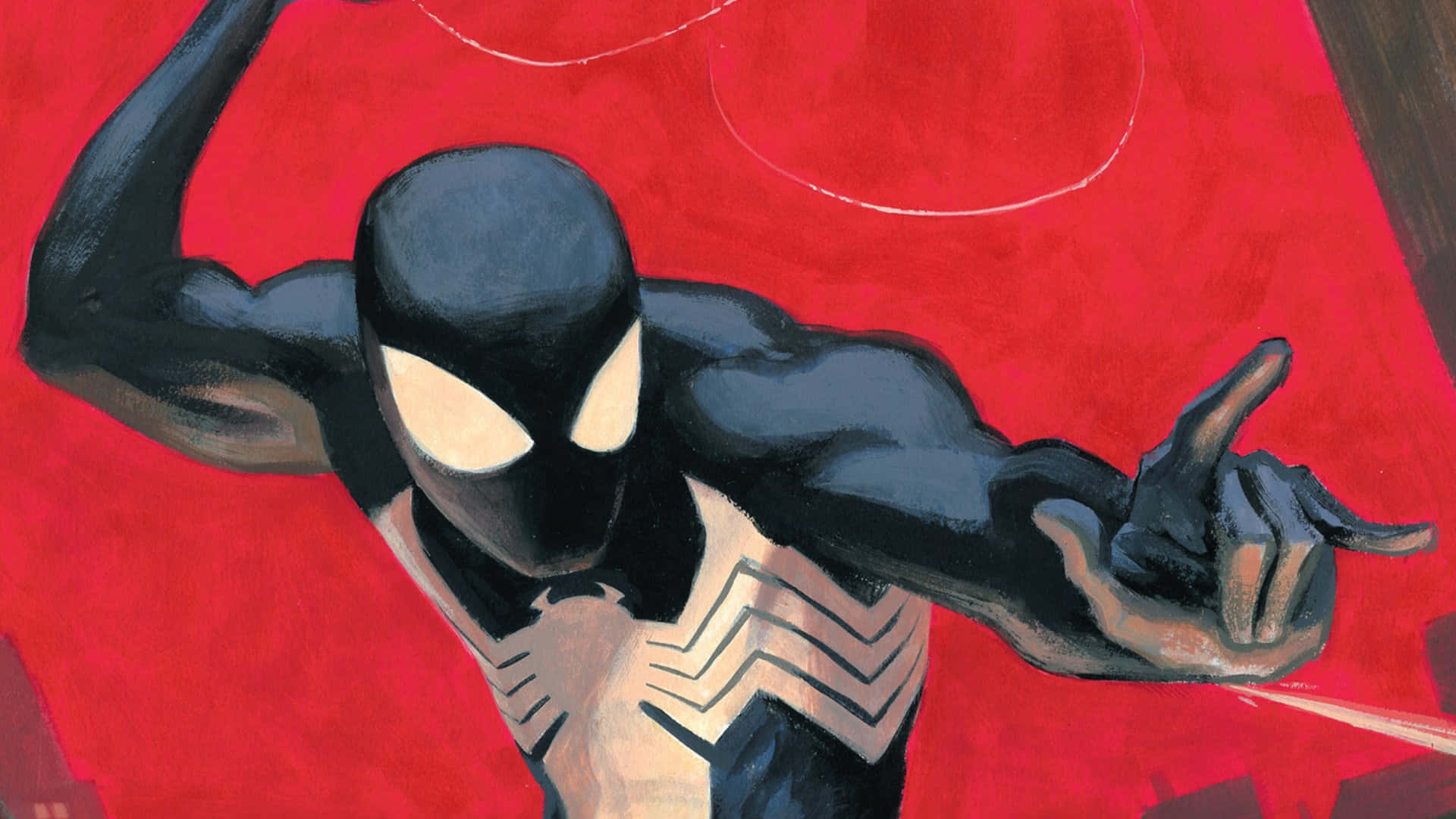 Friendly Neighborhood Spider-man 桌布 壁紙 — 一幅動態插圖，描繪猛毒穿著黑白戰衣，在鮮紅色背景前擺出姿勢。