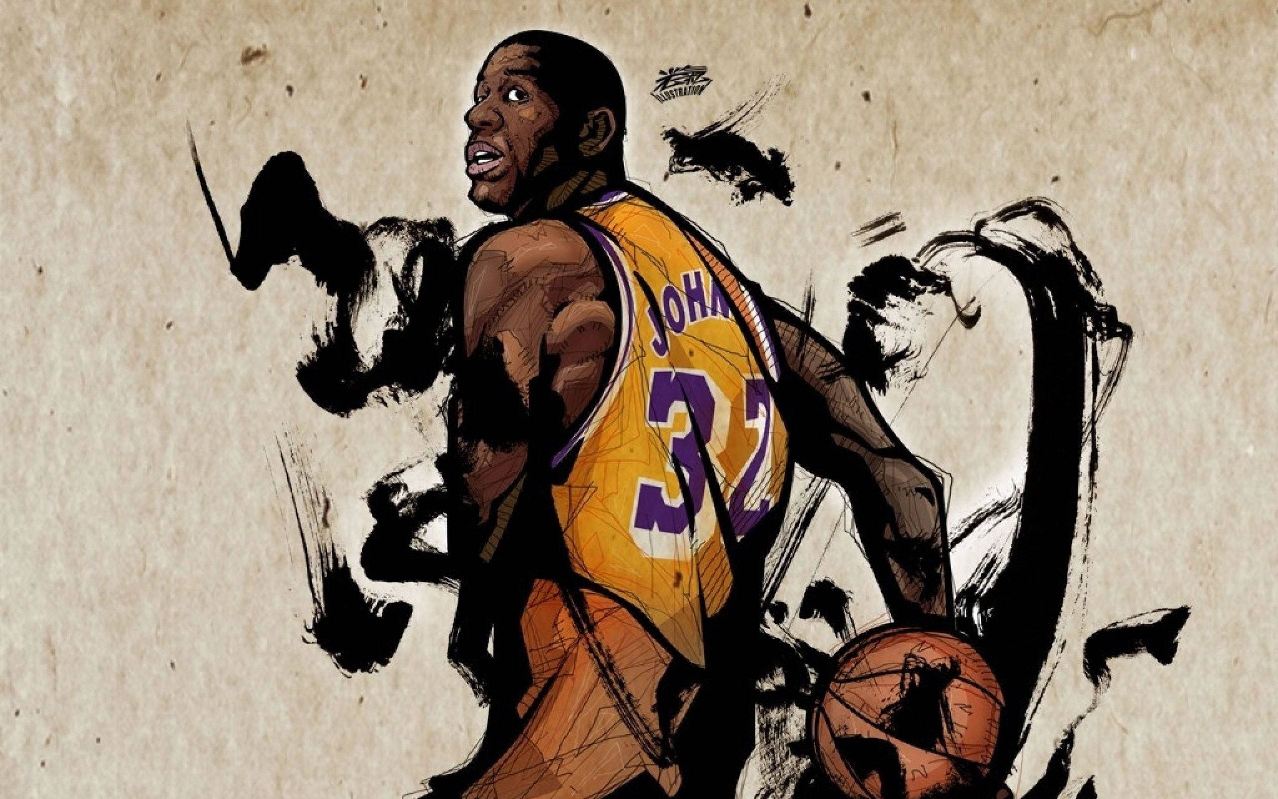 Magic Johnson 桌布 壁紙 — 一幅動態插圖，描繪籃球傳奇人物柯比·布萊恩穿著他標誌性的湖人隊球衣，在紋理米色背景上以動態模糊筆觸運球。