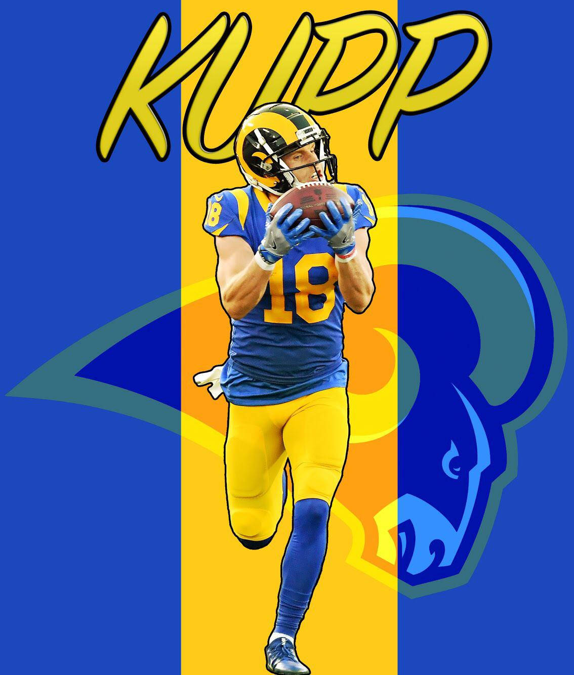 Cooper Kupp 桌布 壁紙 — 一幅動態插圖，描繪美式足球員馬修·斯塔福德身穿公羊隊裝備，在搶眼的藍黃色背景前接球，背景上有他的名字和球隊標誌。