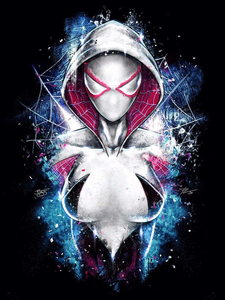 Gwen Stacy 桌布 壁紙 — 一幅動態插圖，描繪蜘蛛關身穿銀色連帽套裝，帶有紅色蛛網和發光的眼睛，背景為深色，帶有藍色和粉紅色的潑濺效果。
