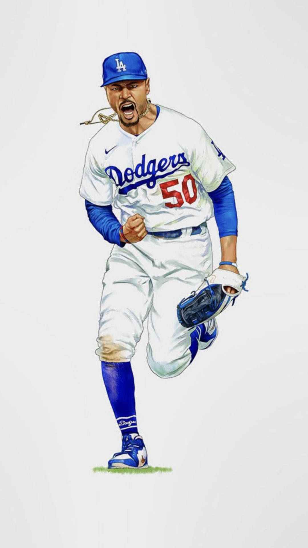 Mookie Betts 桌布 壁紙 — 一幅動態插圖，描繪道奇隊棒球選手邁步中握拳、表情強烈。