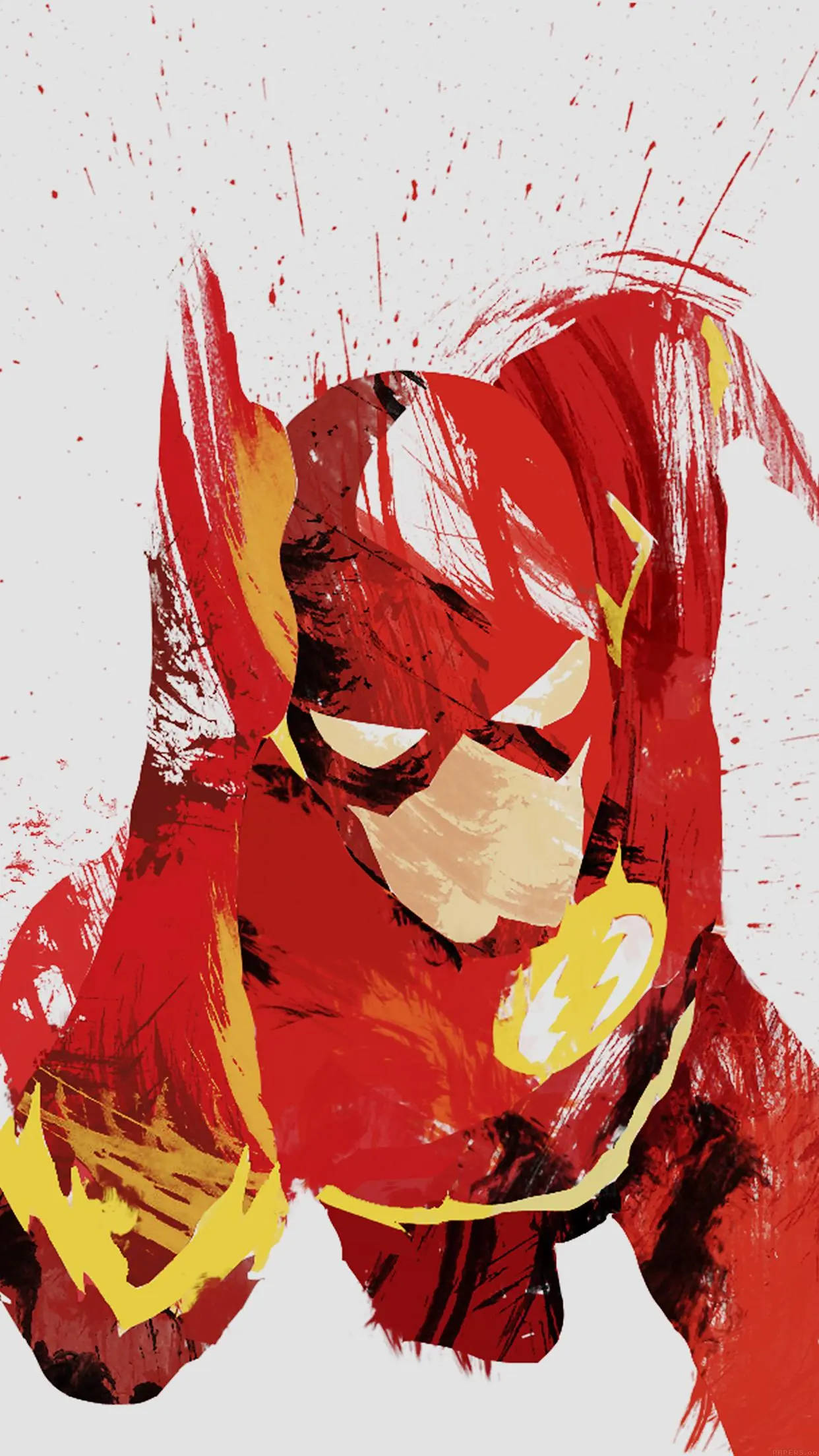 The Flash 桌布 壁紙 — 一幅動態插圖，描繪閃電俠身穿紅黃色戰衣，以粗獷筆觸和潑濺效果呈現於淺灰色背景上。
