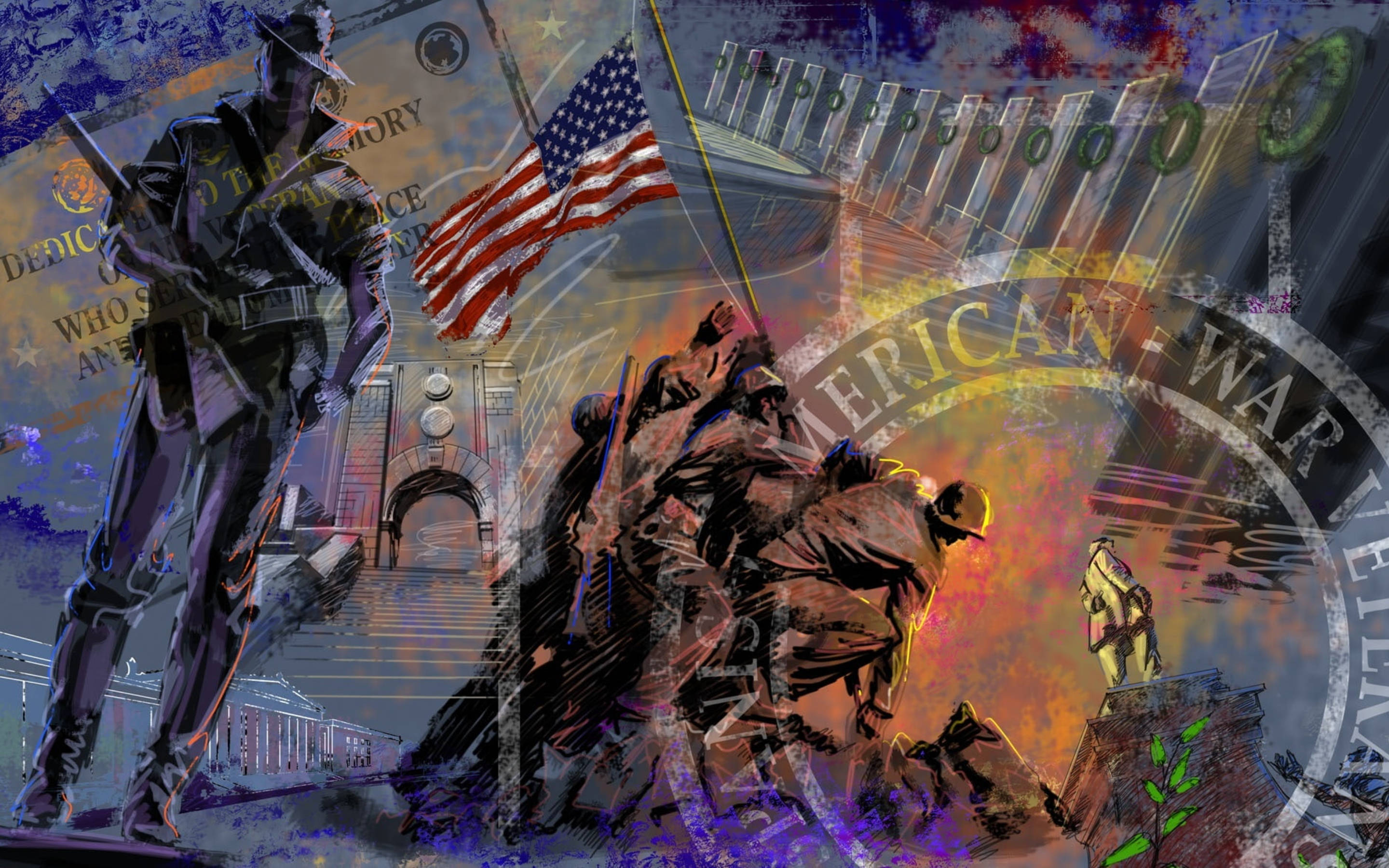 Veterans 桌布 壁紙 — 一幅動態數位拼貼畫，展示美國戰爭紀念碑和象徵，包括士兵升旗和雕像，背景為帶有紋理的愛國背景。
