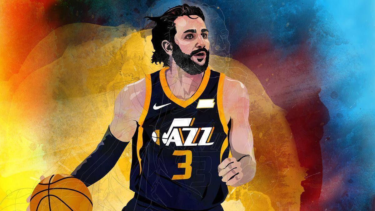 Ricky Rubio 桌布 壁紙 — 一幅動態數位插圖，描繪一位留鬍子的籃球運動員身穿爵士隊球衣，在充滿活力的抽象背景前運球。