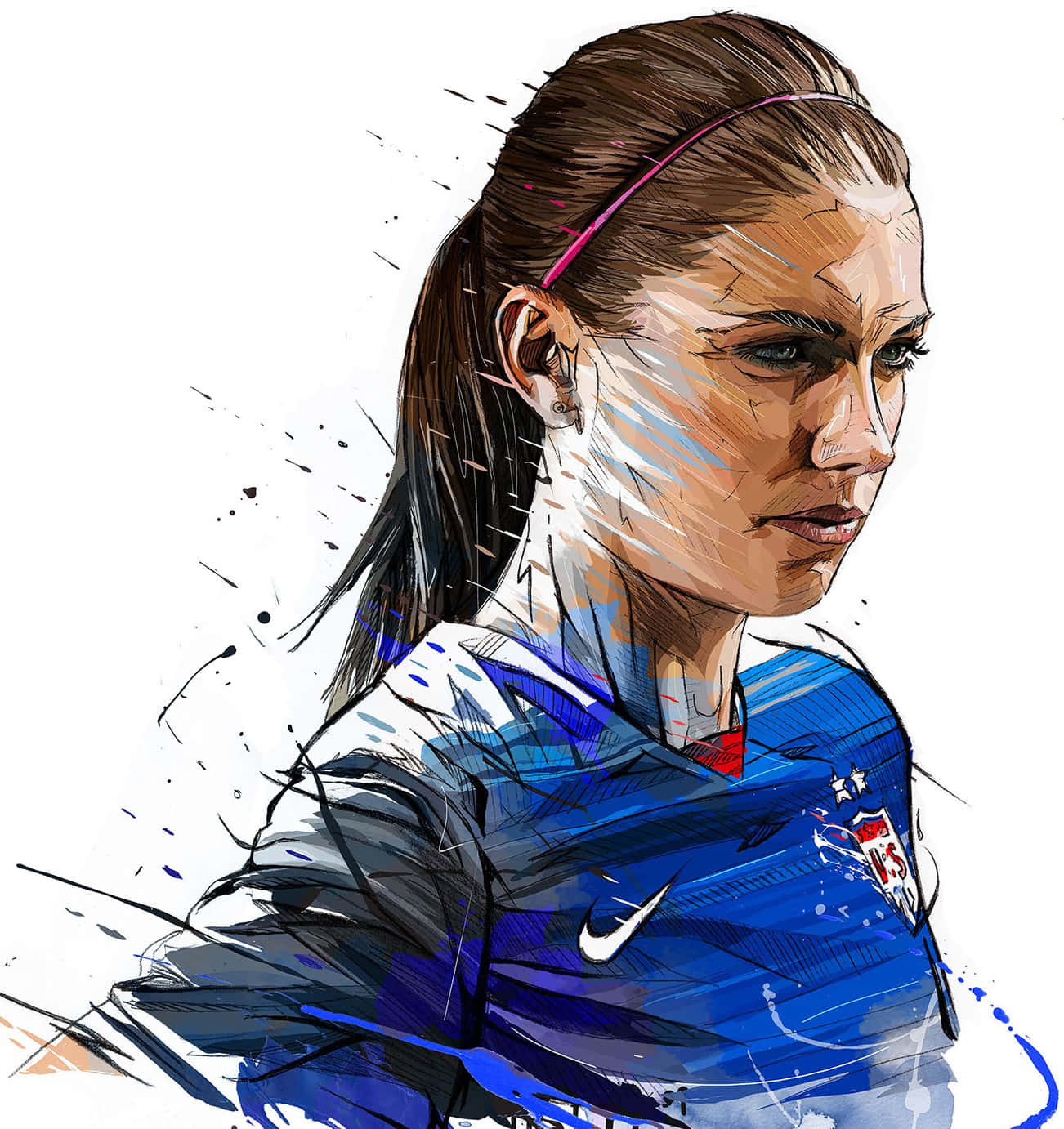 Alex Morgan 桌布 壁紙 — 一幅動態數位插圖，描繪一位身穿藍色球衣、專注的女足球員，周圍有動態飛濺效果。