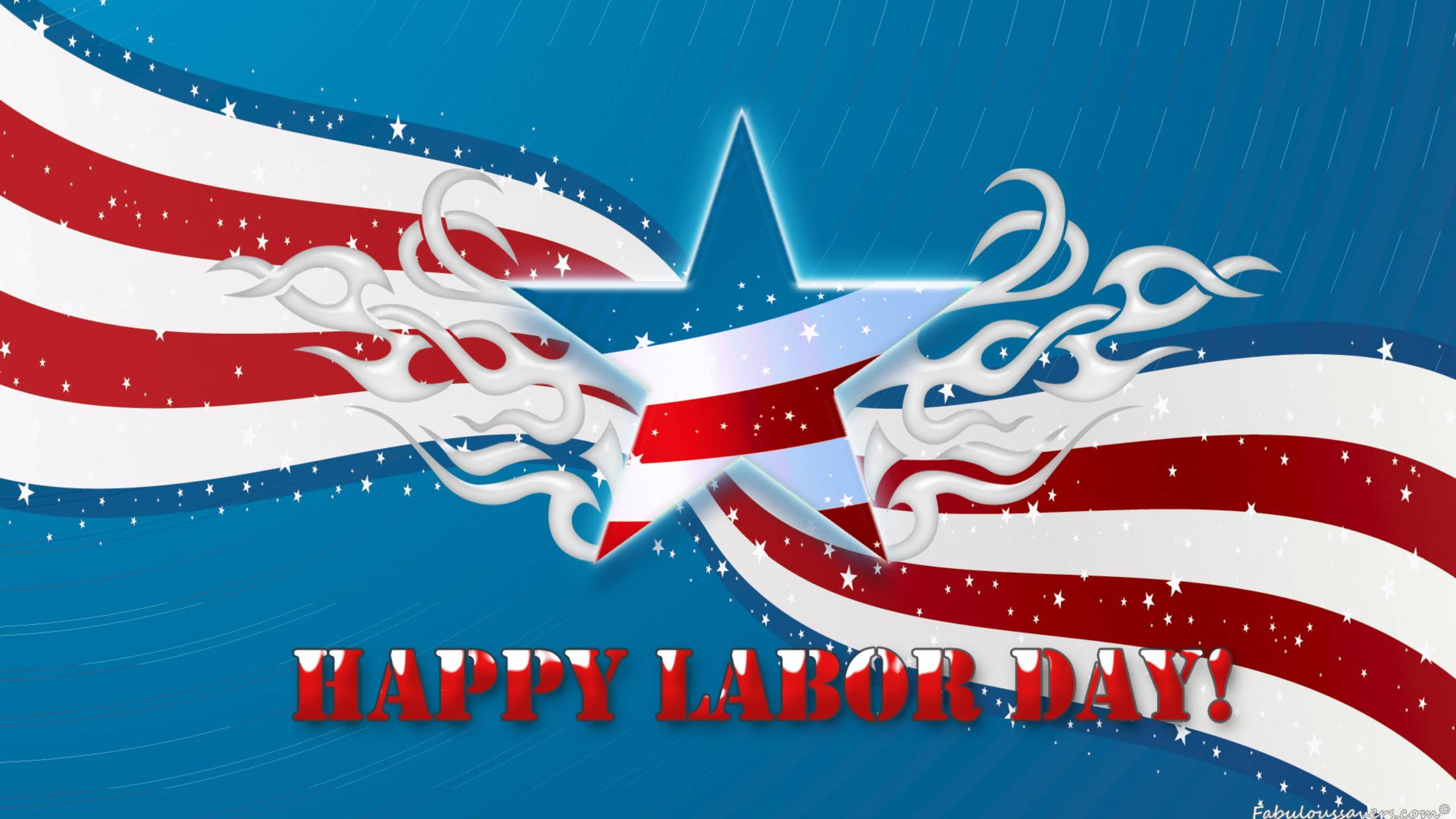 Labor 桌布 壁紙 — 一幅動態數位插圖，描繪一顆帶有火焰圖案的愛國星星，背景是飄揚的美國國旗條紋和墜落的星星。