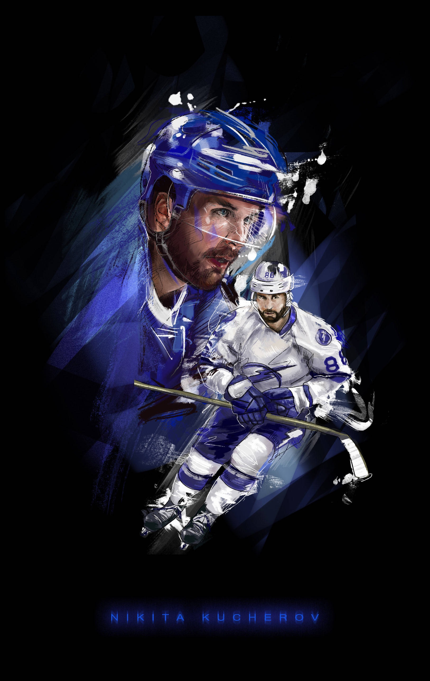運動 桌布 壁紙 — 一幅動態數位插圖，描繪冰球運動員 Nikita Kucherov 在深色背景上以電光藍色線條突出其動作。