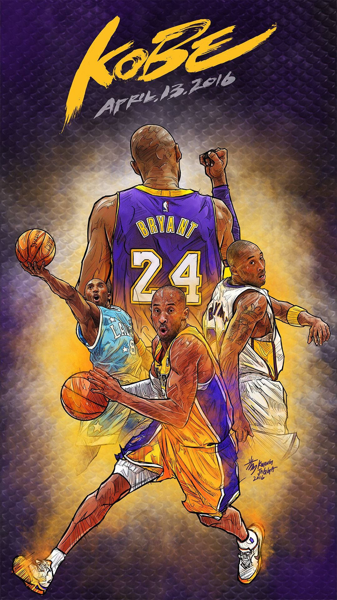 科比 桌布 壁紙 — 一幅動態數位插圖，描繪柯比·布萊恩（Kobe Bryant）以多個籃球姿勢呈現，背景為發光的紫色和金色，並附有他的名字和逝世日期。