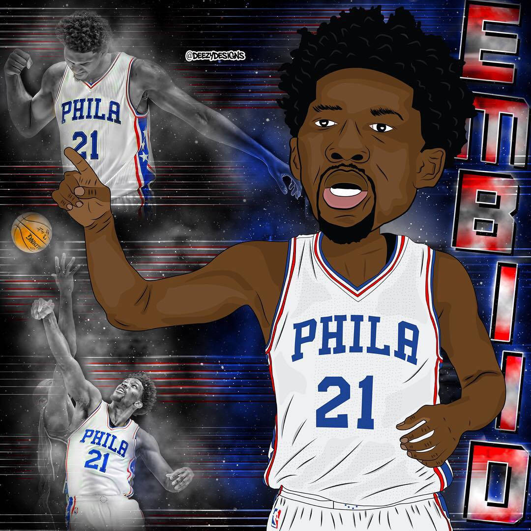 Embiid 桌布 壁紙 — 一幅動態數位插圖，描繪籃球運動員 Joel Embiid 身穿白色 PHILA 21 球衣，背景為宇宙，帶有動態線條和動作姿勢。