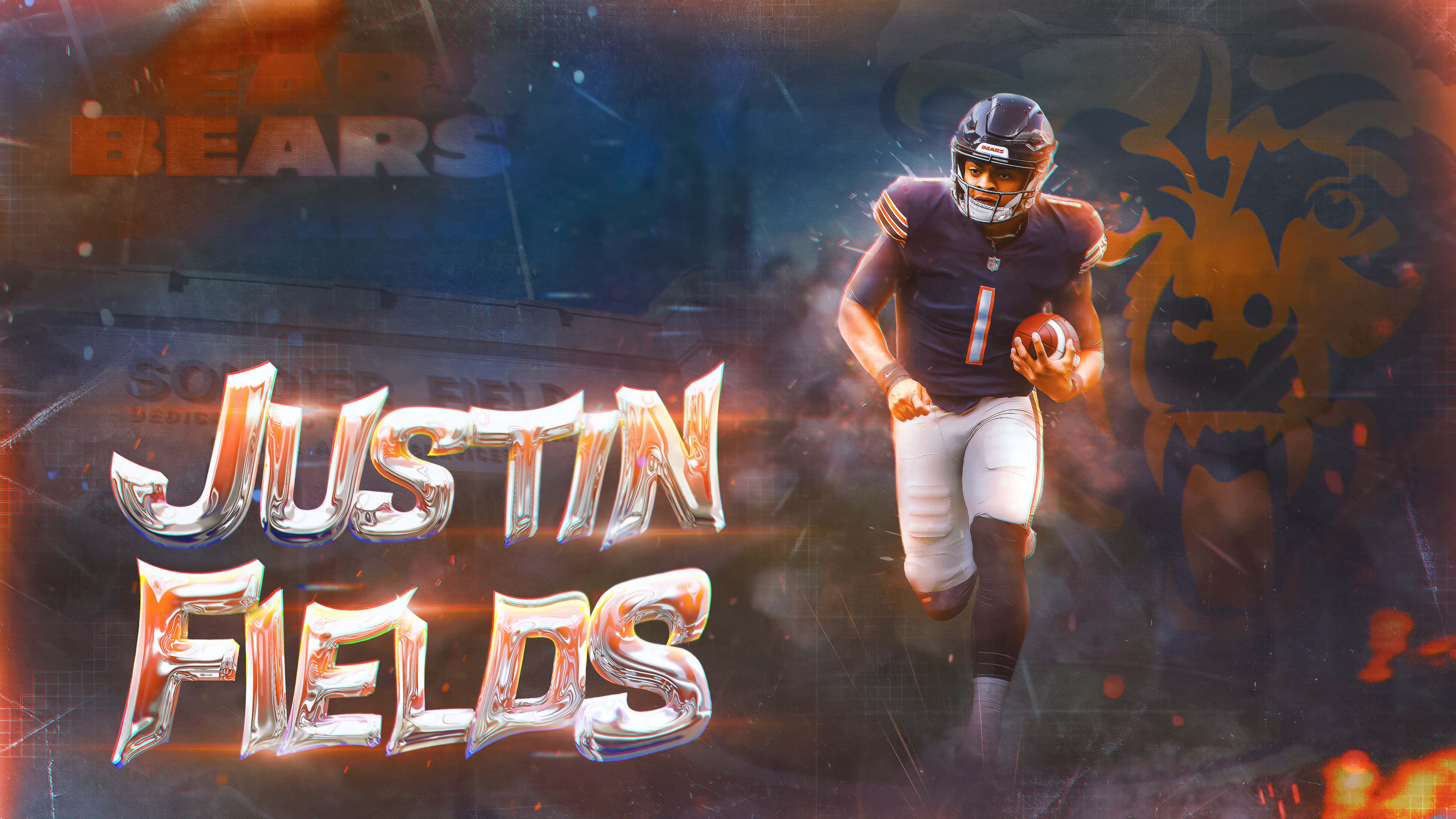 Justin Fields 桌布 壁紙 — 一幅動態數位插圖，描繪美式足球員 Justin Fields 身穿芝加哥熊隊球衣，在火熱風格化的體育場背景下奮力拼搏。
