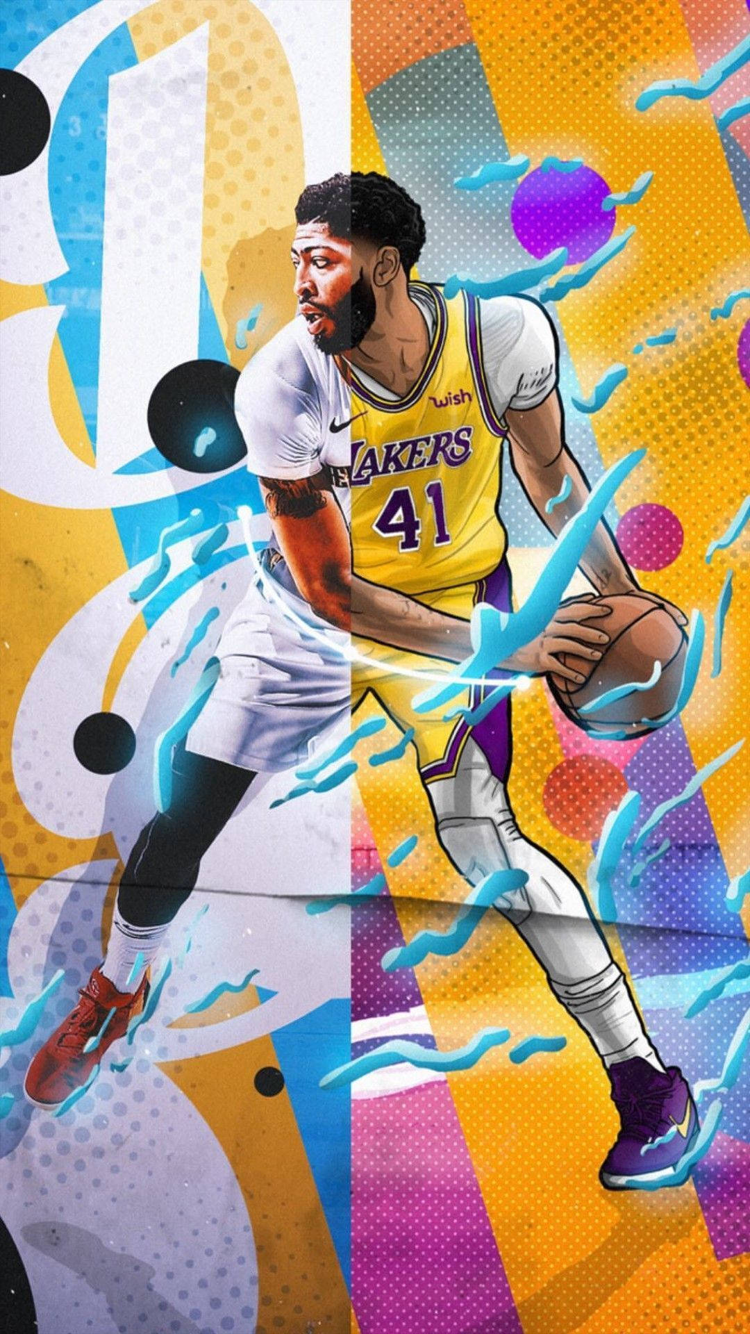 Anthony Davis 桌布 壁紙 — 一幅動態數位插圖，描繪身穿湖人隊球衣的籃球運動員安東尼·戴維斯在充滿活力的抽象背景前運球，背景帶有鮮明的幾何形狀和電光藍色能量爆發。