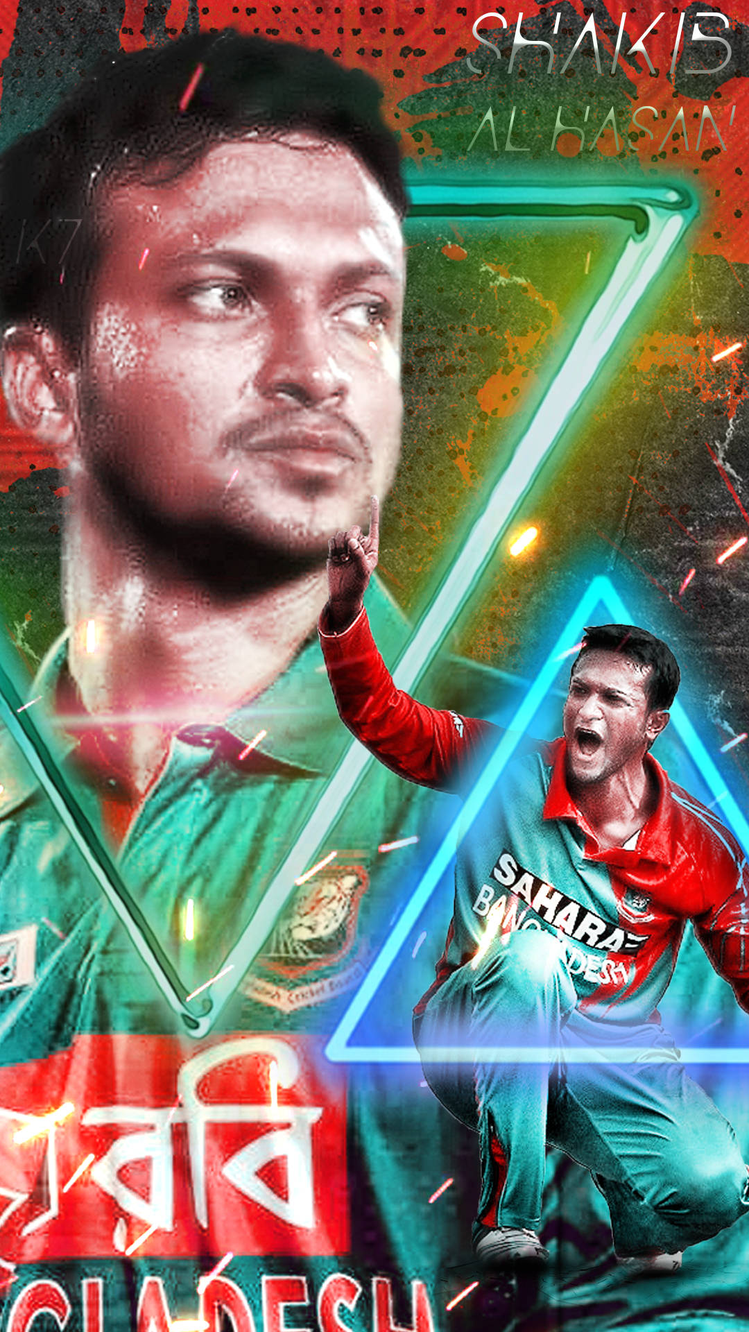 Shakib Al Hasan 桌布 壁紙 — 一幅動態數位藝術作品，展示板球運動員沙基布·阿爾·哈桑在兩個姿勢中，背景是充滿活力的抽象圖案，帶有發光的霓虹三角形和熾熱的火花。