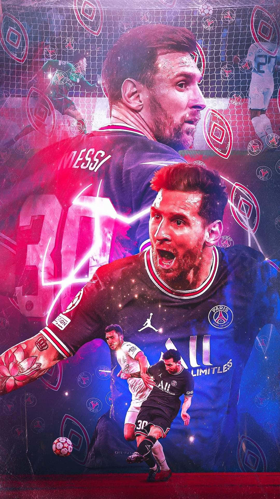 Messi Cool 桌布 壁紙 — 一幅動態數位藝術作品，描繪利昂內爾·梅西在比賽中，周圍環繞著發光的粉紅色和藍色效果以及重複的球隊標誌。
