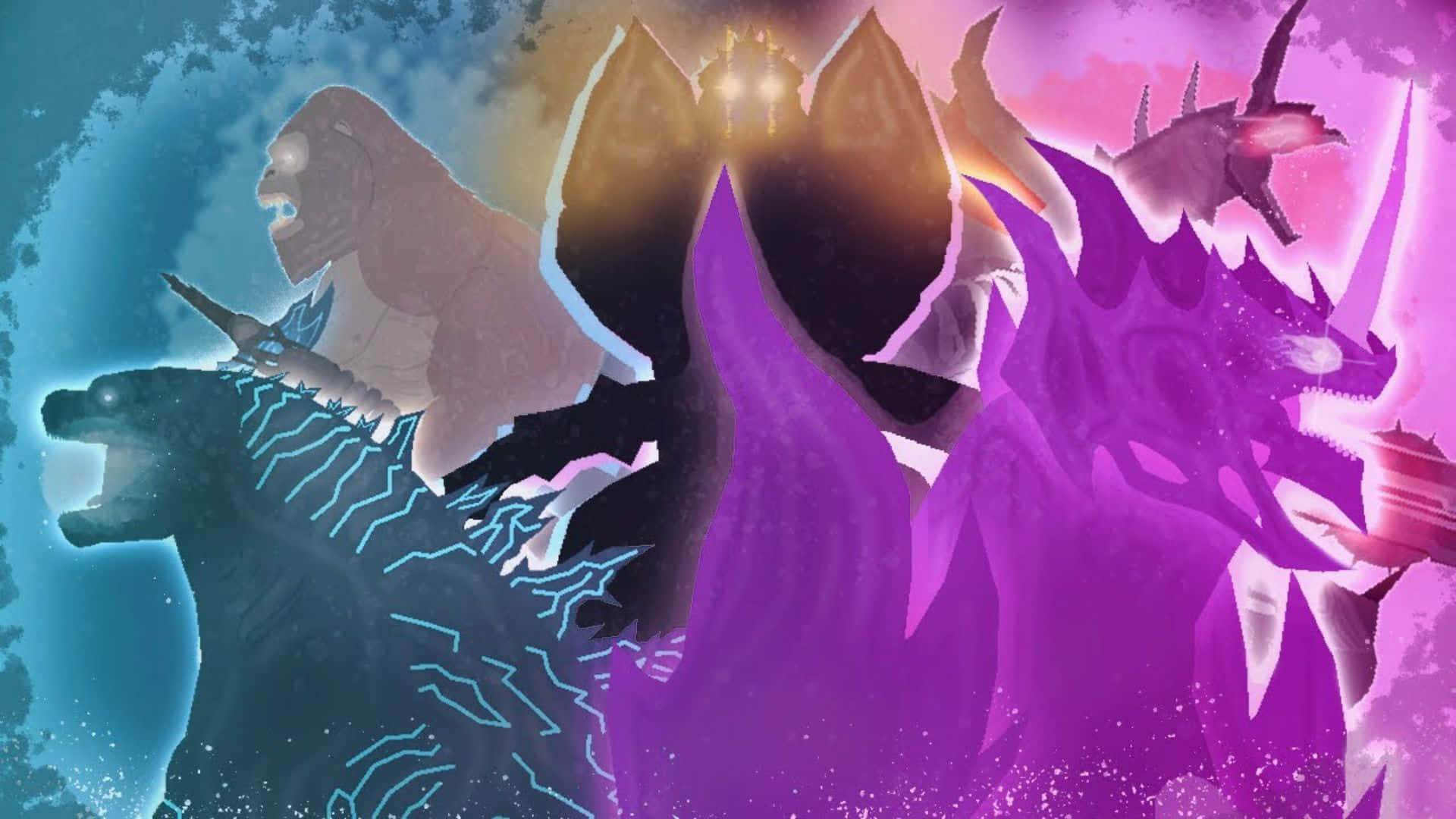 Godzilla Vs Destoroyah 桌布 壁紙 — 一幅動態數位藝術戰鬥場景，以鮮豔的紫色和藍色色調描繪哥吉拉及其他怪獸。