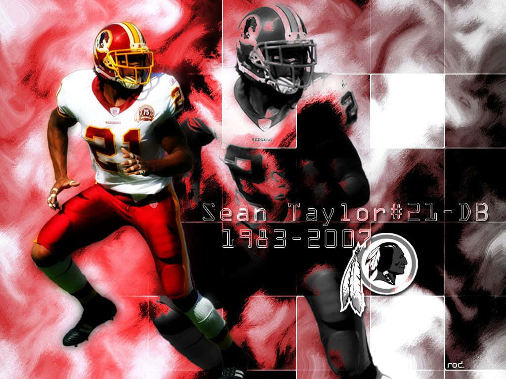 Sean Taylor 桌布 壁紙 — 一幅動態數位藝術拼貼，描繪身穿紅白球衣的足球員肖恩·泰勒，背景是旋轉的紅黑煙霧。