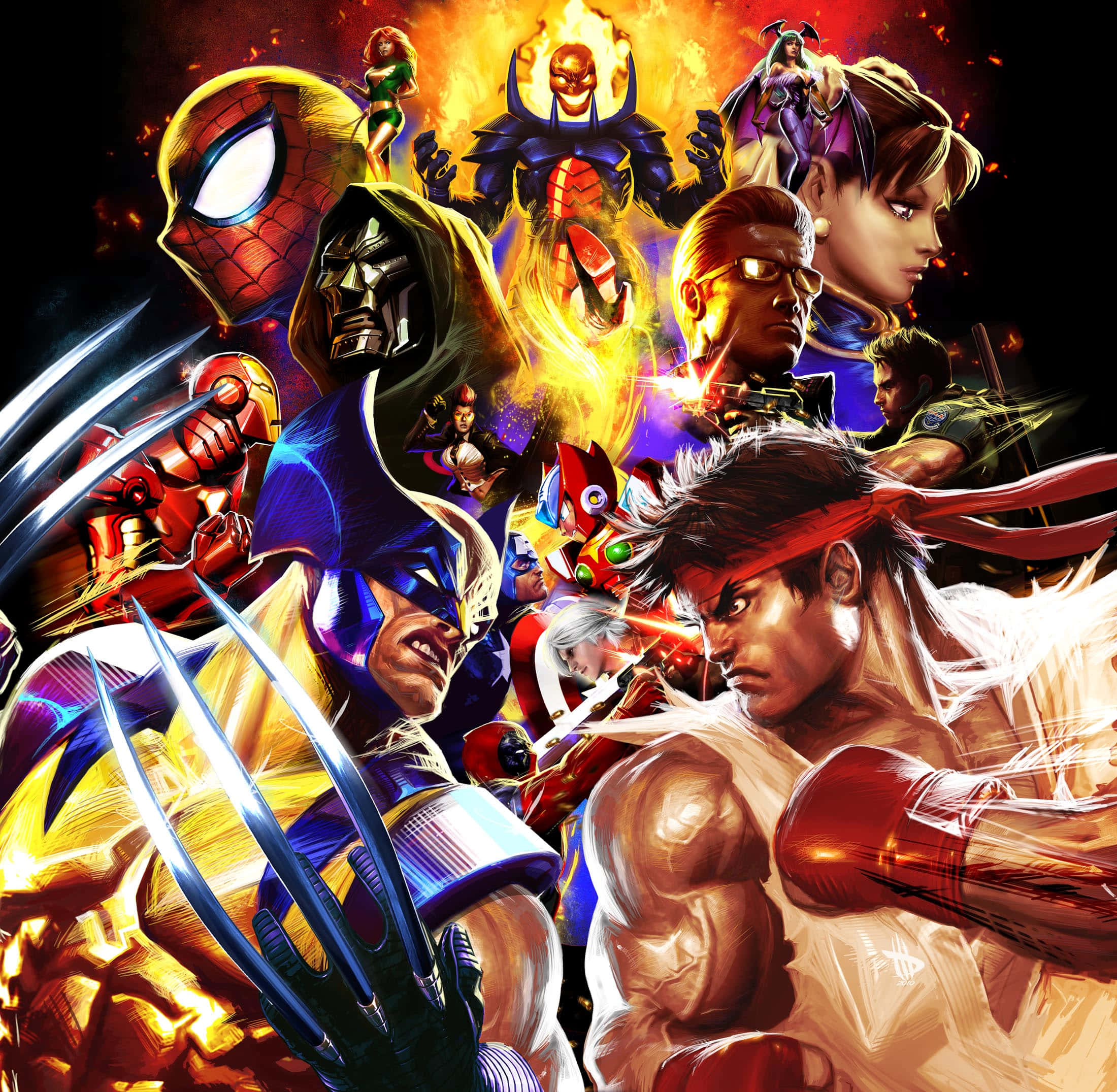 Fighting Games 桌布 壁紙 — 一幅動態數位藝術拼貼畫，描繪標誌性漫畫書和電子遊戲英雄在烈火爆炸背景下的戰鬥場景。