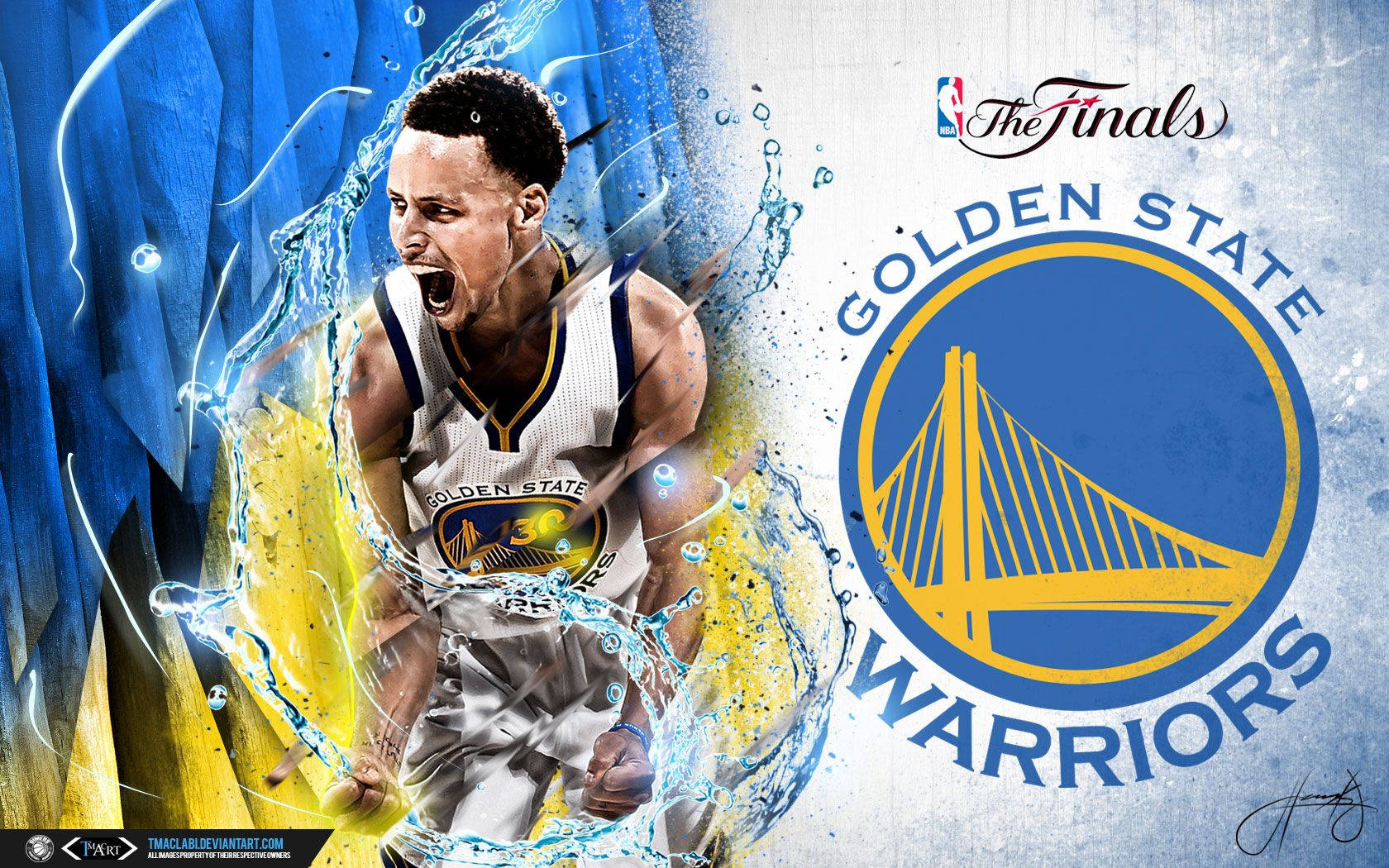 NBA 桌布 壁紙 — 一幅動態數位藝術描繪，史蒂芬柯瑞身穿金州勇士球衣，衝破水面，旁邊有球隊標誌。