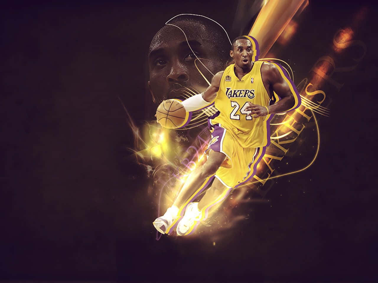 Kobe Bryant Basketball 桌布 壁紙 — 一幅動態數位藝術描繪，呈現柯比·布萊恩身穿湖人隊球衣，在黑暗背景中運球，伴隨著發光的金色能量軌跡。