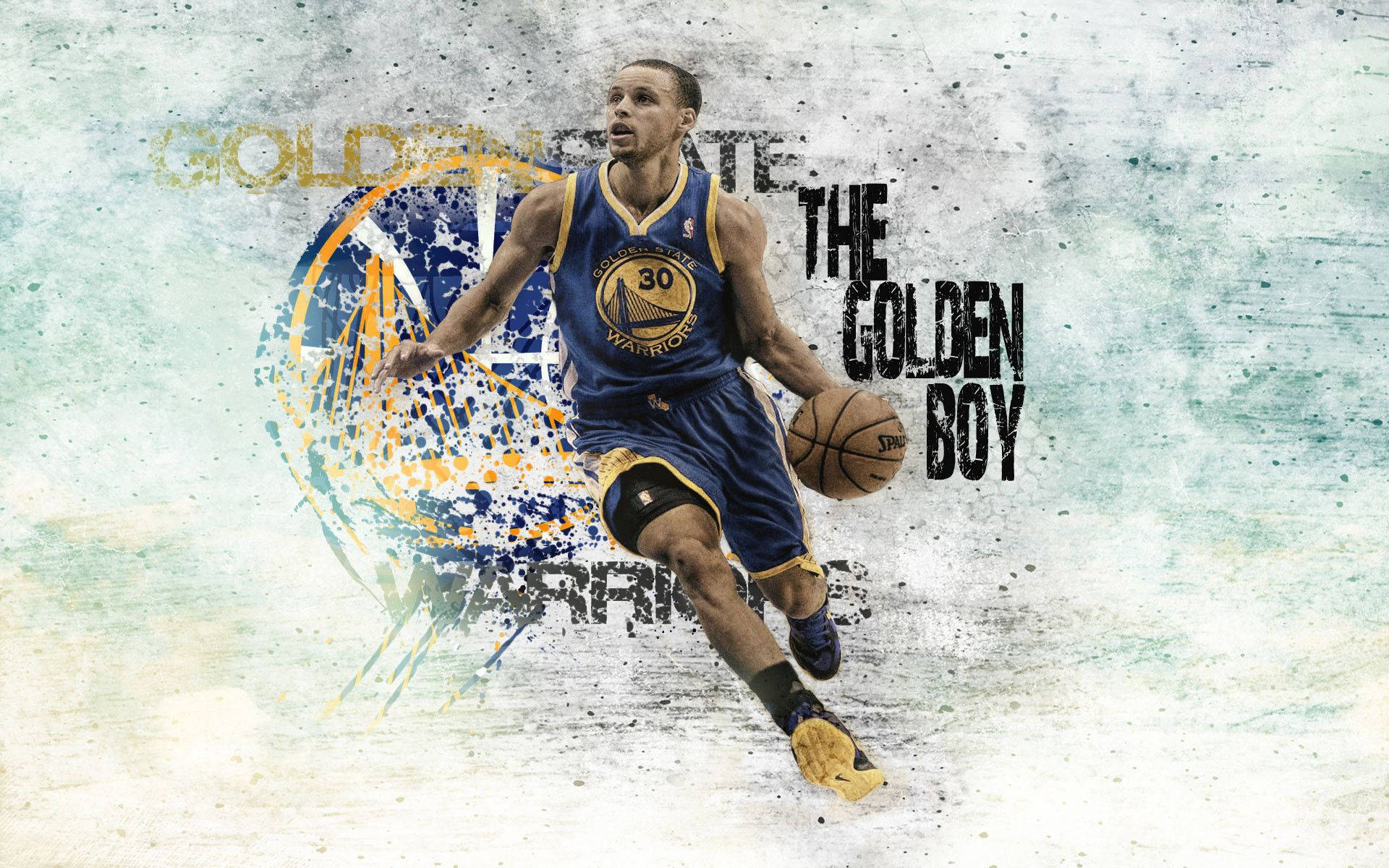 Curry 桌布 壁紙 — 一幅動態數位藝術描繪，籃球運動員史蒂芬·柯瑞穿著金州勇士隊裝備，在潑濺抽象背景前運球。