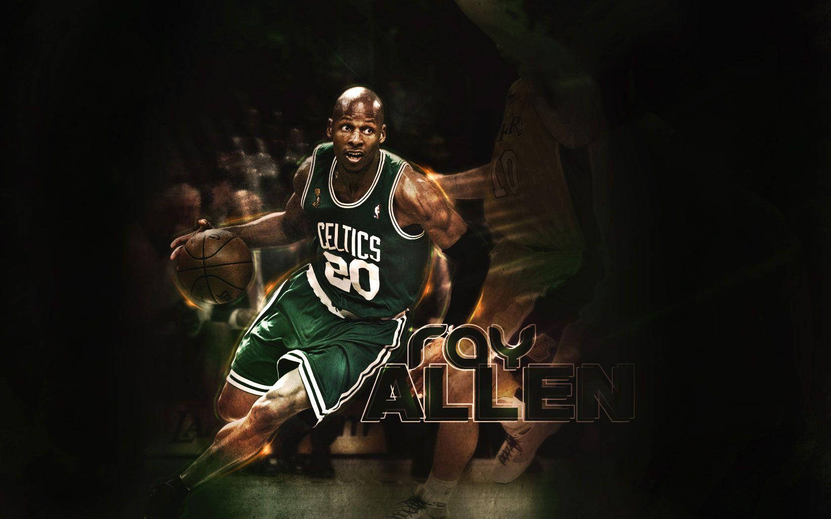 Ray Allen 桌布 壁紙 — 一幅動態數位藝術描繪，羅伊·艾倫身穿綠色塞爾提克球衣，在黑暗背景中運球，帶有火焰般的運動效果。