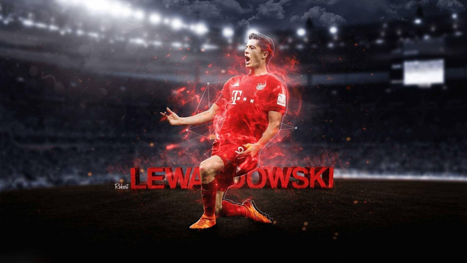 Lewandowski 桌布 壁紙 — 一幅動態數位藝術描繪，羅伯特·萊萬多夫斯基身穿紅色拜仁慕尼黑球衣，在明亮燈光下的球場上以火熱能量慶祝。