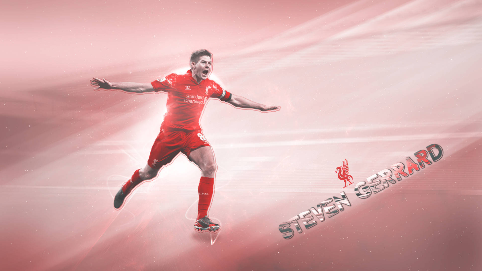 Steven Gerrard 桌布 壁紙 — 一幅動態數位藝術描繪，身穿紅色利物浦球衣的史蒂文·傑拉德在發光粉紅背景前張開雙臂慶祝。