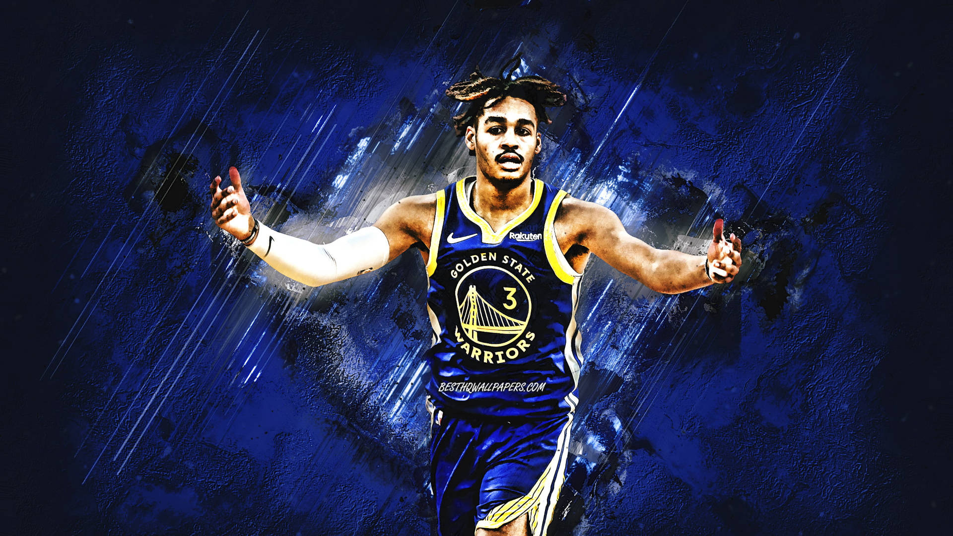 NBA 桌布 壁紙 — 一幅動態數位藝術描繪，金州勇士隊籃球運動員在充滿活力的藍色抽象背景前行動。