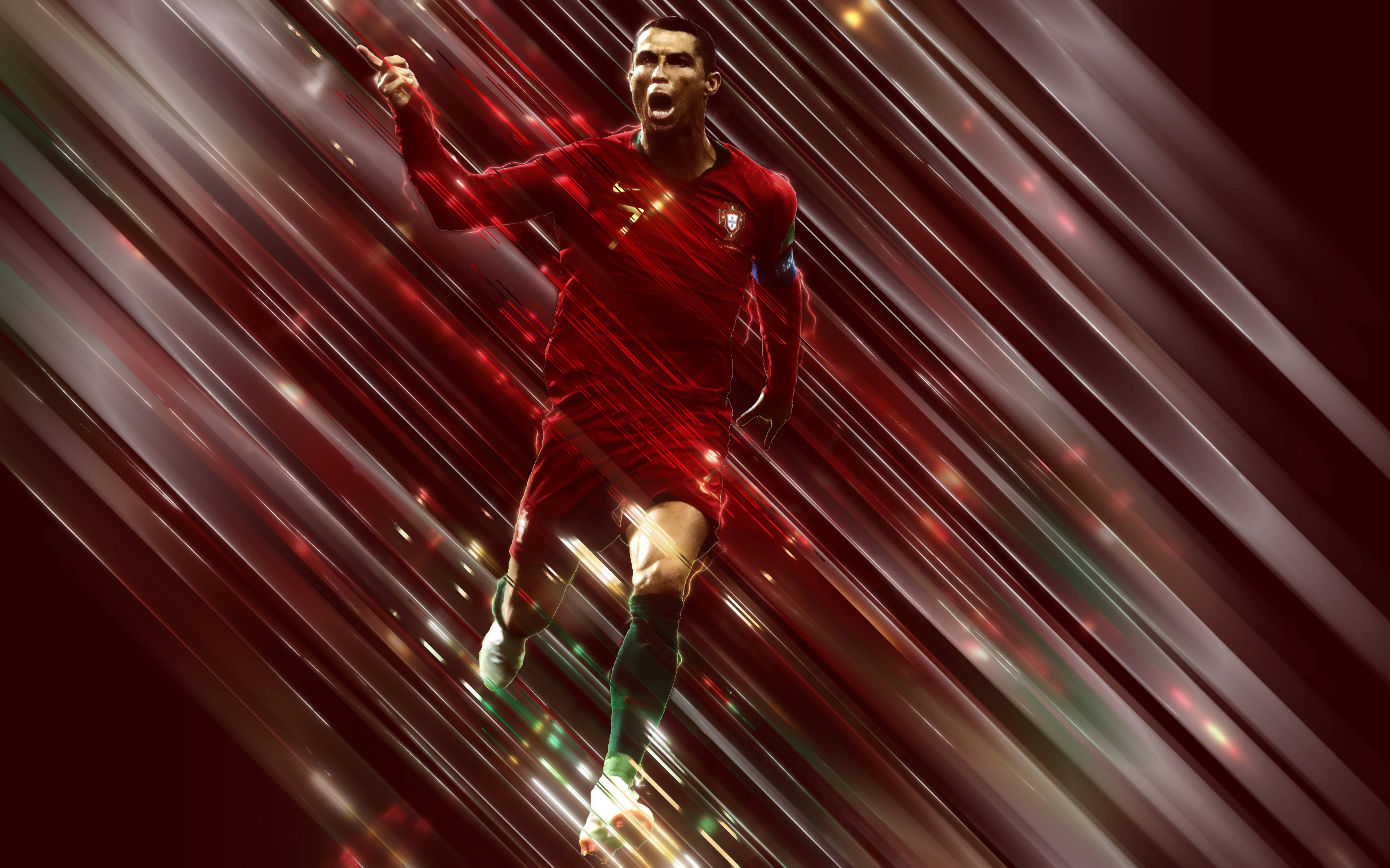 Ronaldo 桌布 壁紙 — 一幅動態數位藝術描繪克里斯蒂亞諾·羅納度身穿紅色葡萄牙球衣慶祝，帶有動態模糊條紋和發光粒子。