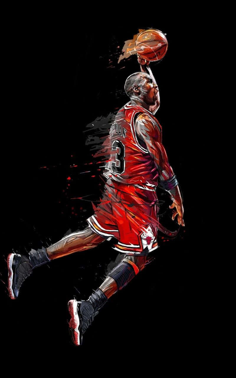 Dope Jordan 桌布 壁紙 — 一幅動態數位藝術描繪麥可喬丹在半空中灌籃籃球，背景為純黑色並帶有動態模糊效果。