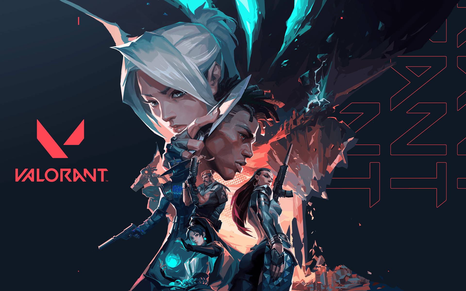 Valorant遊戲角色以發光武器戰鬥，背景碎裂。 — Valorant Logo 壁紙