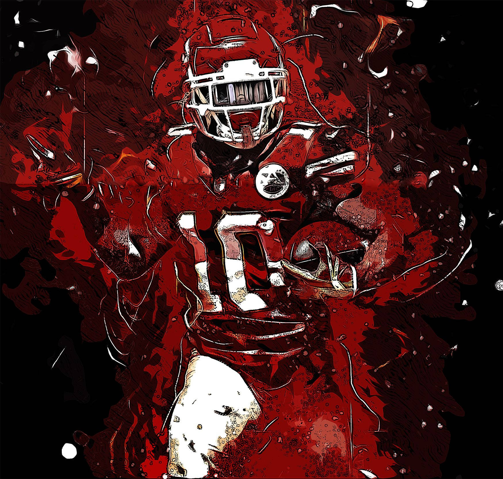 Tyreek Hill 桌布 壁紙 — 一幅動態數位藝術插圖，描繪一名身穿紅色裝備的美式足球員衝破紅色和黑色墨水飛濺的場景。