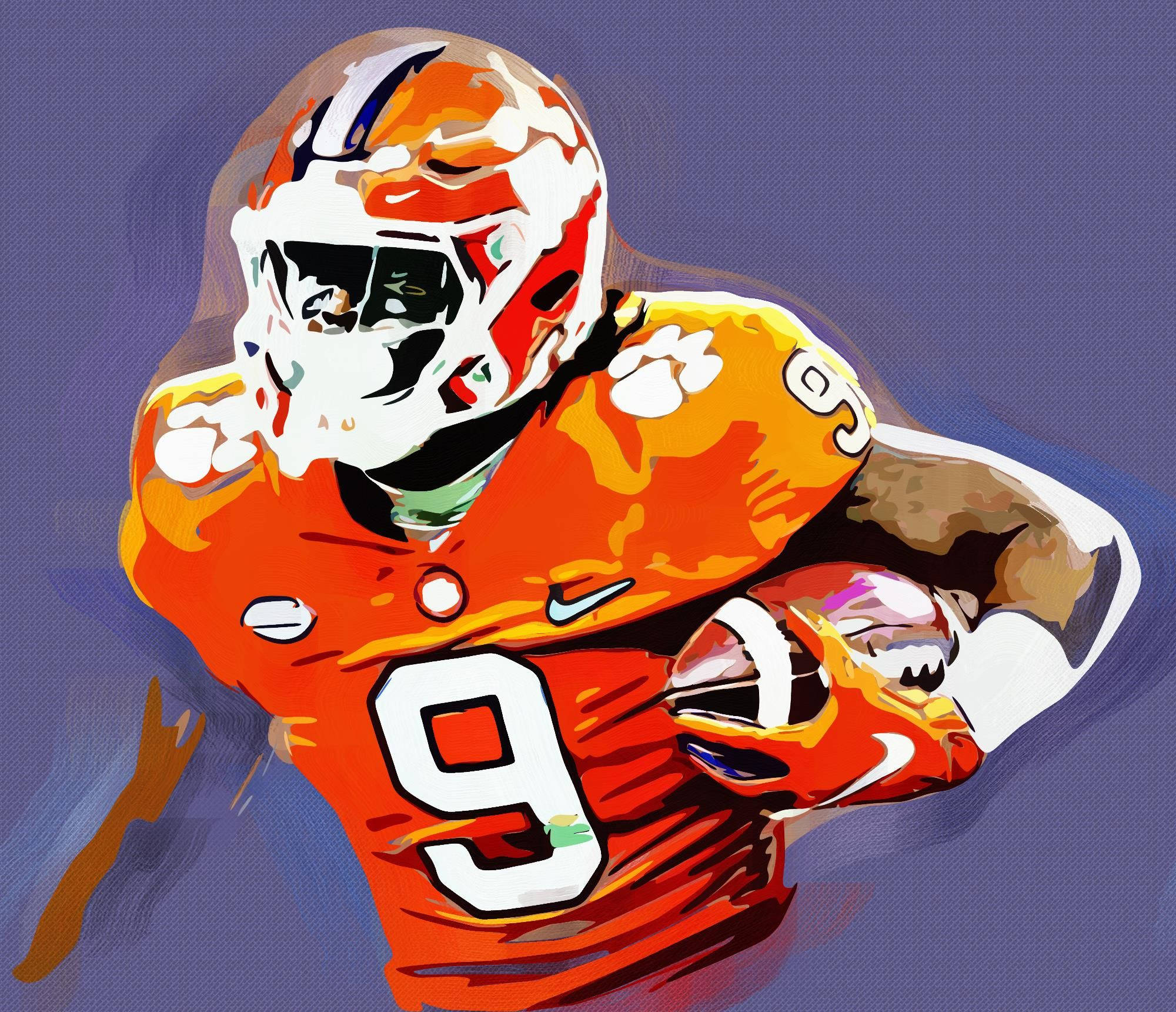 Travis Etienne 桌布 壁紙 — 一幅動態數位藝術插圖，描繪一名身穿橙色球衣、號碼九號的足球員帶球衝刺。