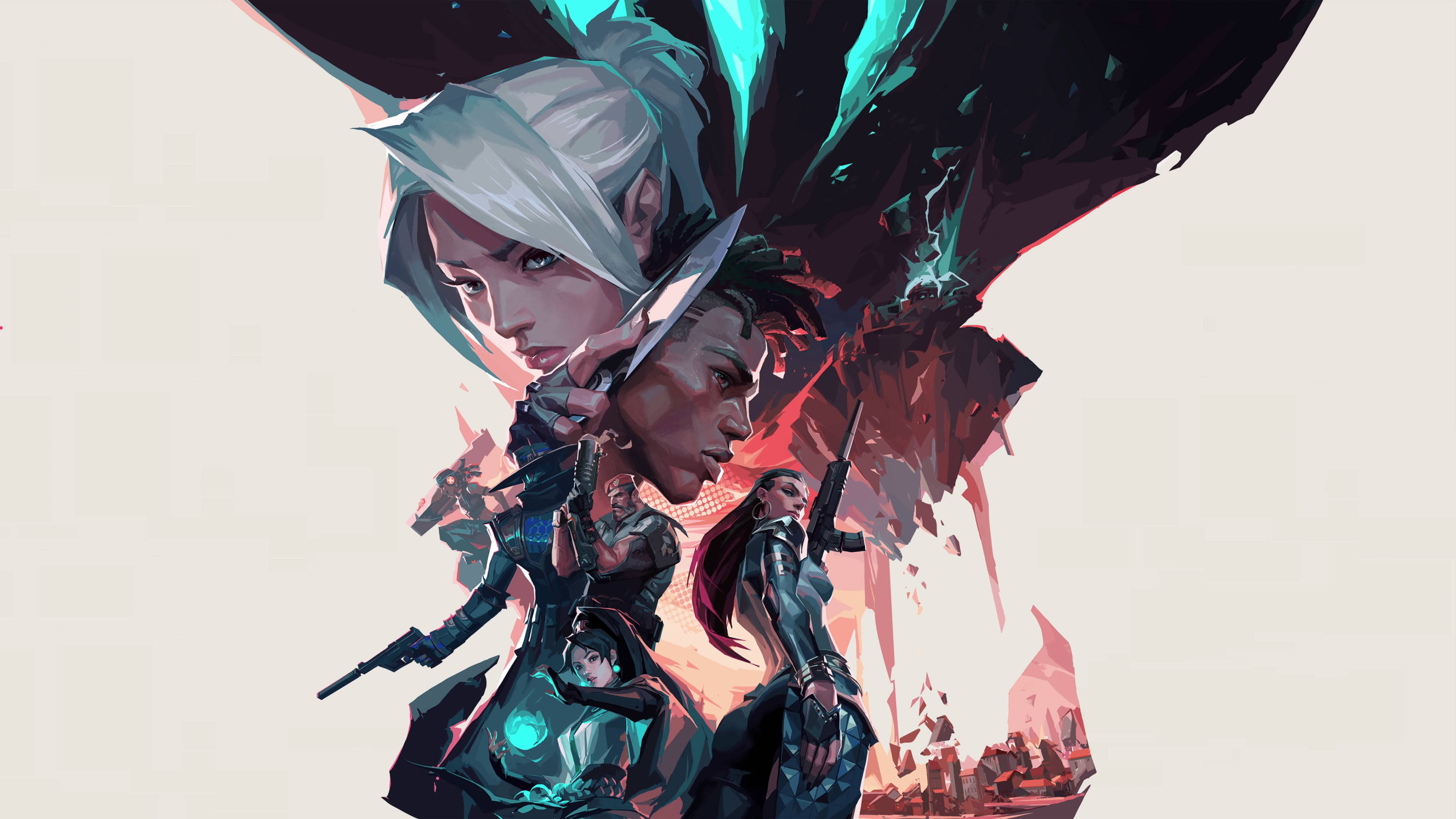 valorant 2k 桌布 壁紙 — 一幅動態數位藝術插圖，描繪五名武裝戰士，手持發光武器，並帶有戲劇性的青綠色和紅色能量效果。