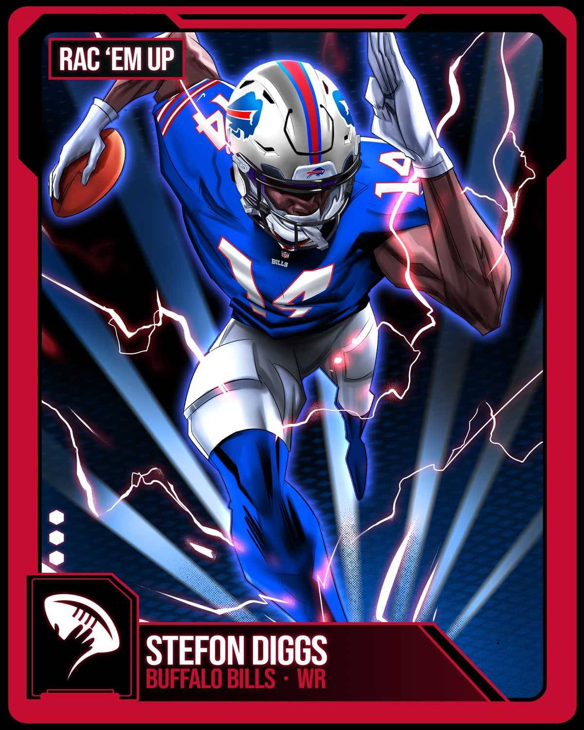 運動 桌布 壁紙 — 一幅動態數位藝術插圖，描繪美式足球員 Stefon Diggs 身穿藍色 Bills 球衣，跳起接球，周圍環繞著電光閃電效果。