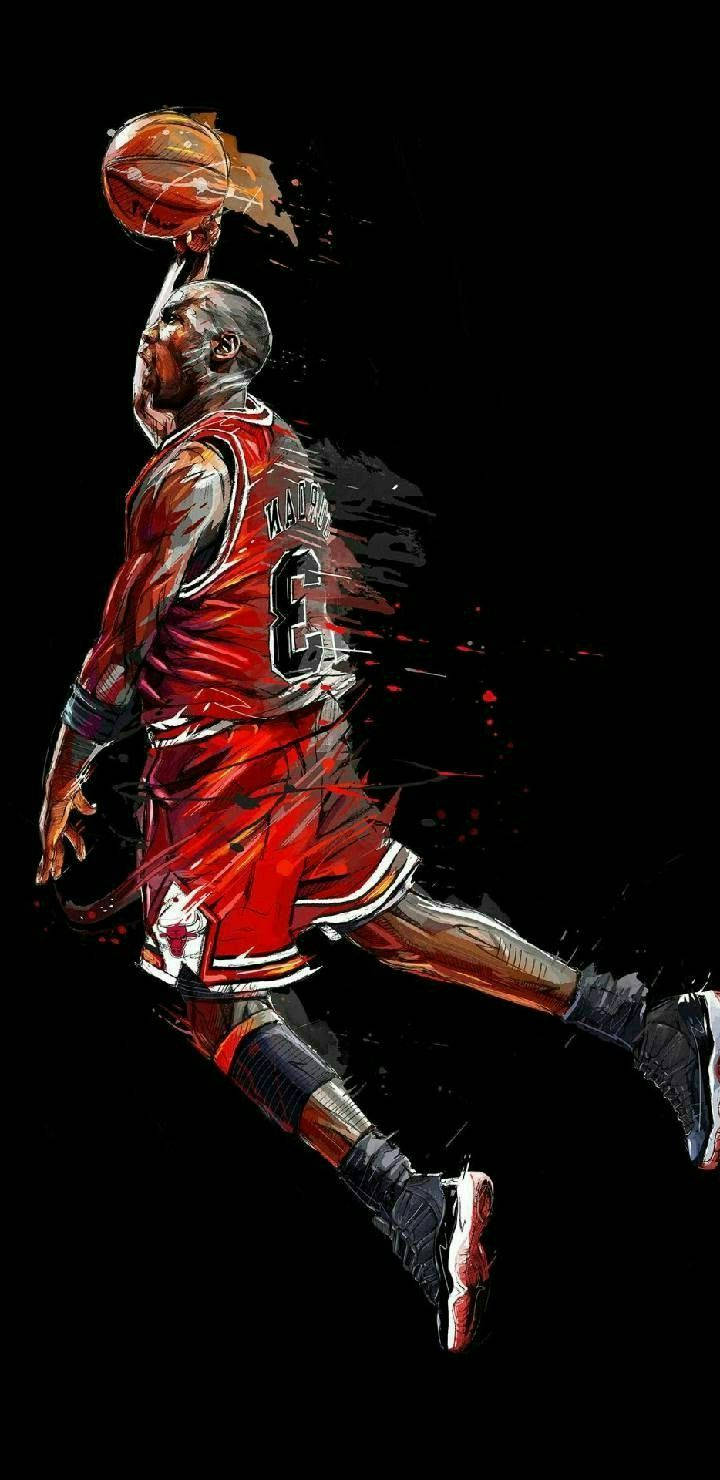 籃球 Jordan 桌布 壁紙 — 一幅動態數位藝術插圖，描繪麥可喬丹身穿紅色球衣，在半空中灌籃籃球，背景為黑色。